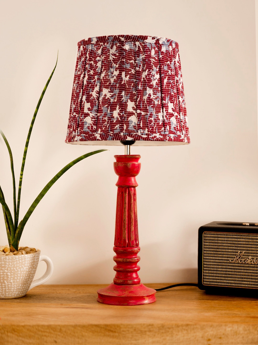 

green girgit Pink & Grey Printed Wooden Round Table Lamp With Soft Shade