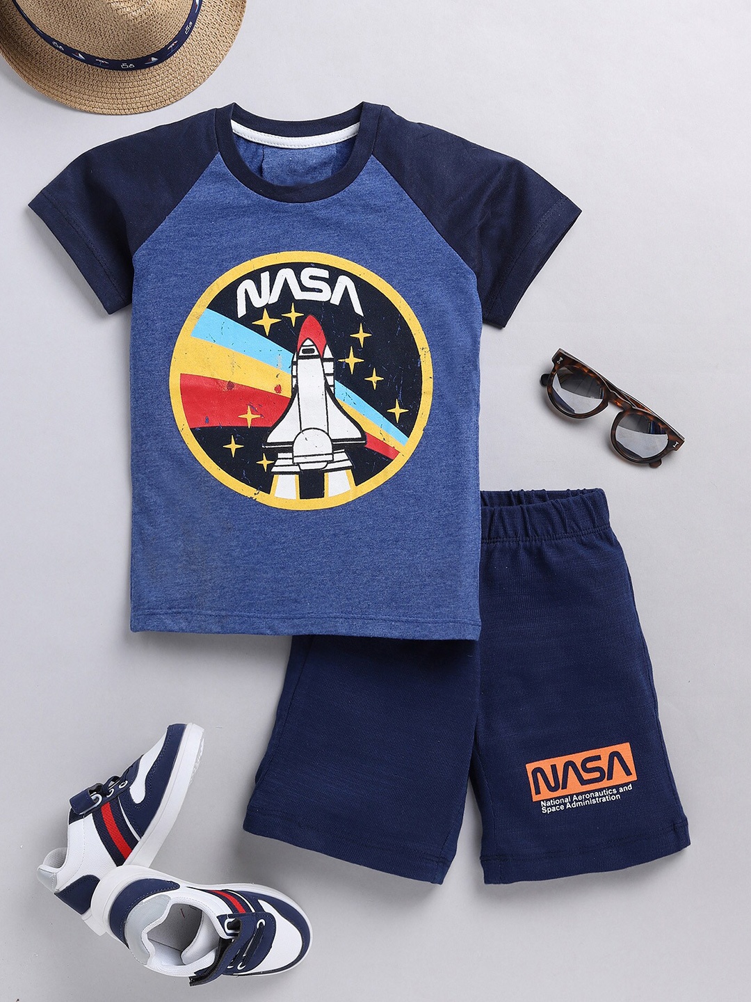 

YK Boys Printed Cotton T-shirt with Shorts, Blue