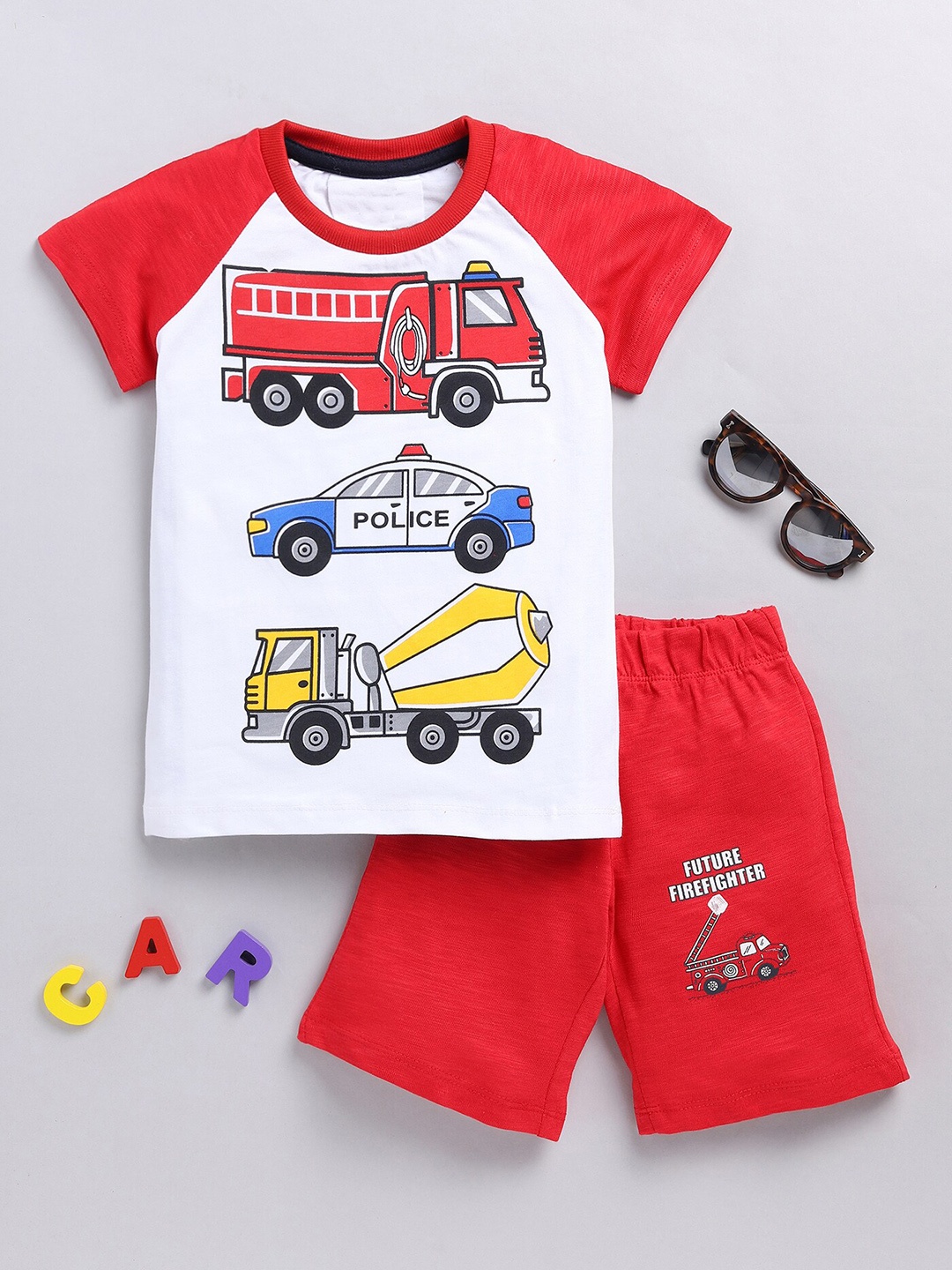

YK Boys Printed Cotton T-shirt with Shorts, White