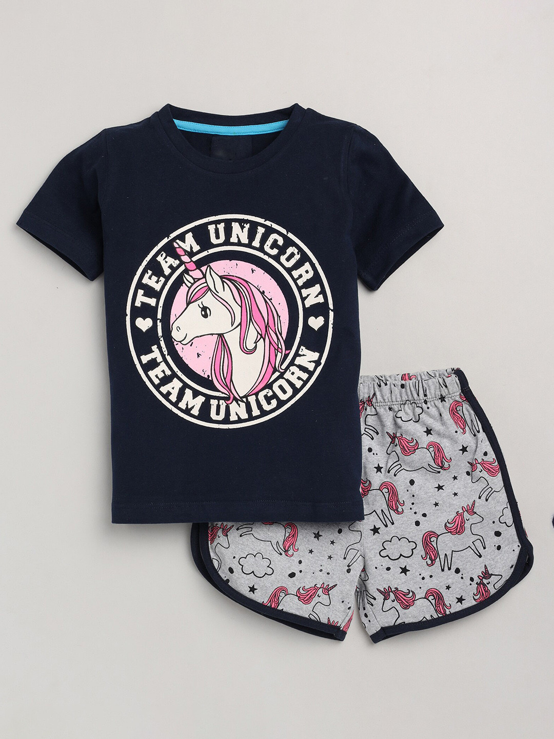 

YK Girls Printed Cotton T-shirt with Shorts, Navy blue
