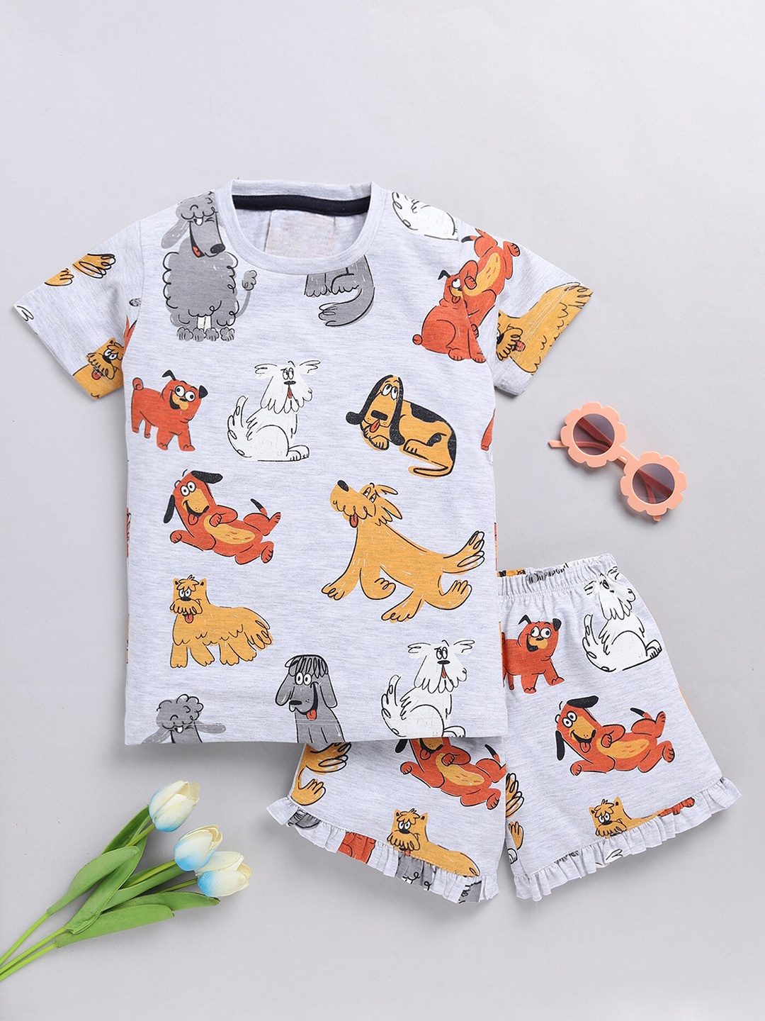 

YK Girls Printed T-shirt with Shorts, Grey