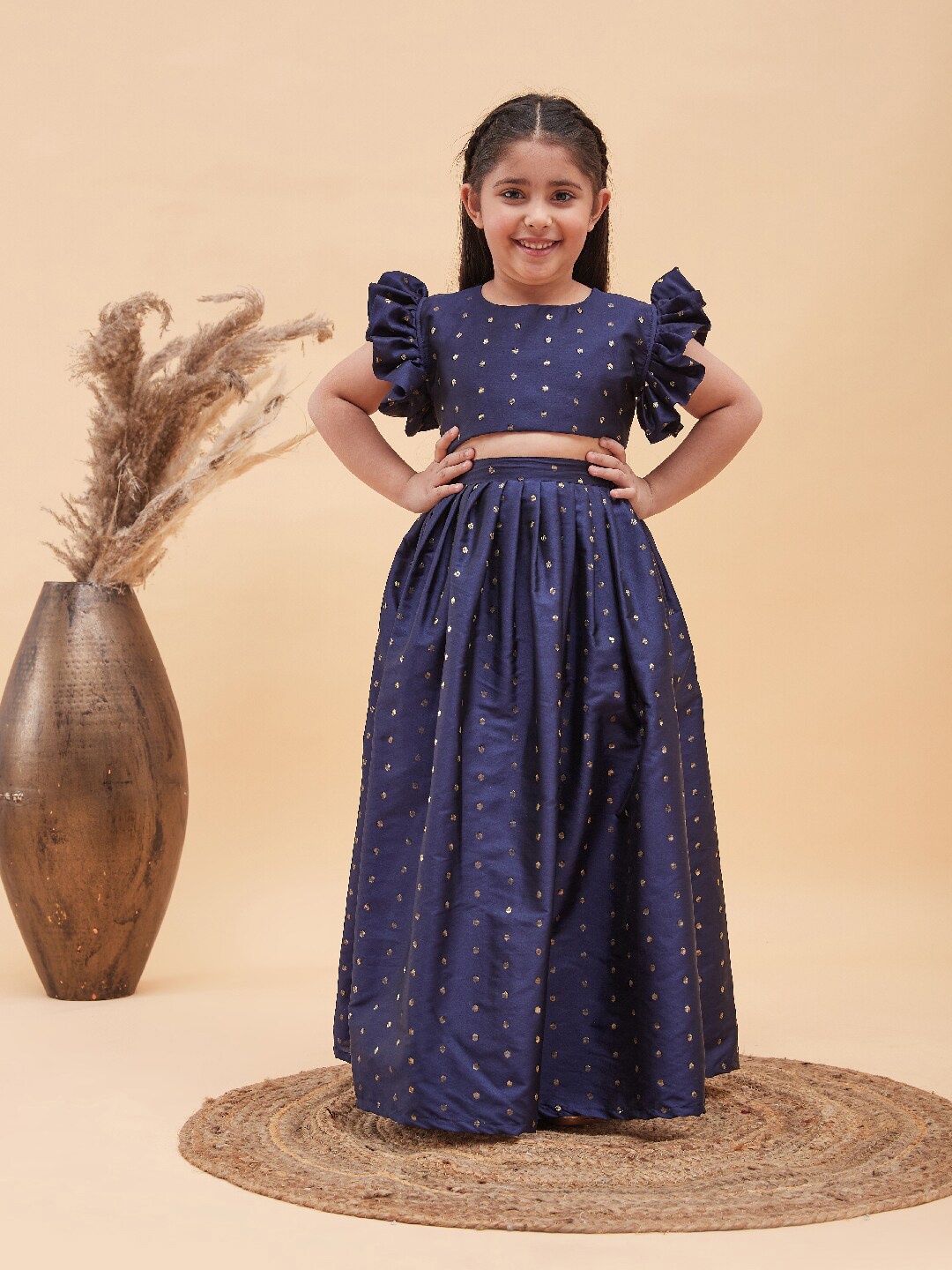 

VASTRAMAY Girls Woven Design Ready to Wear Crop Top And Skirt Set, Navy blue