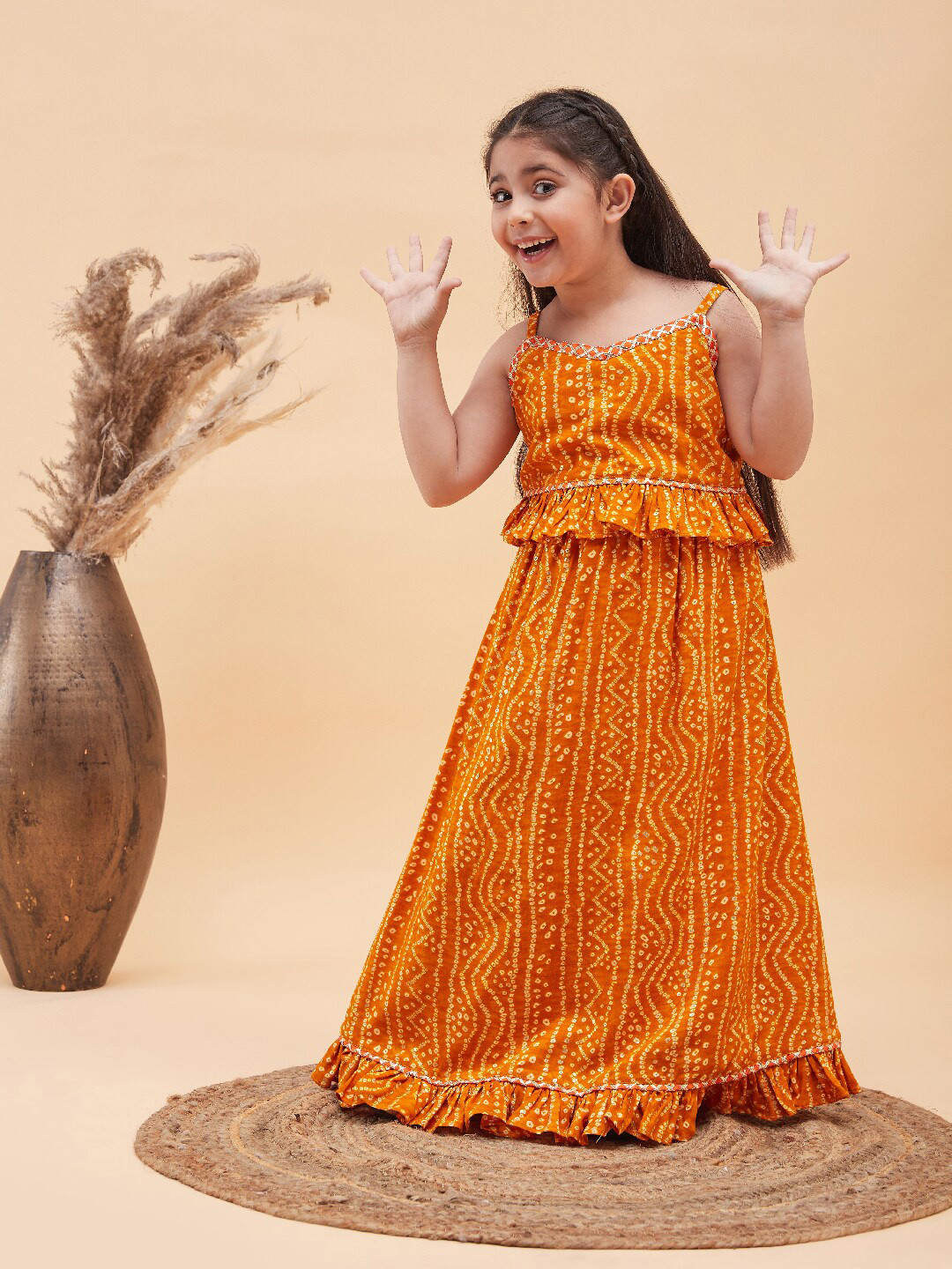 

VASTRAMAY Girls Bandhani Printed Ready to Wear Crop Top And Skirt Set, Orange