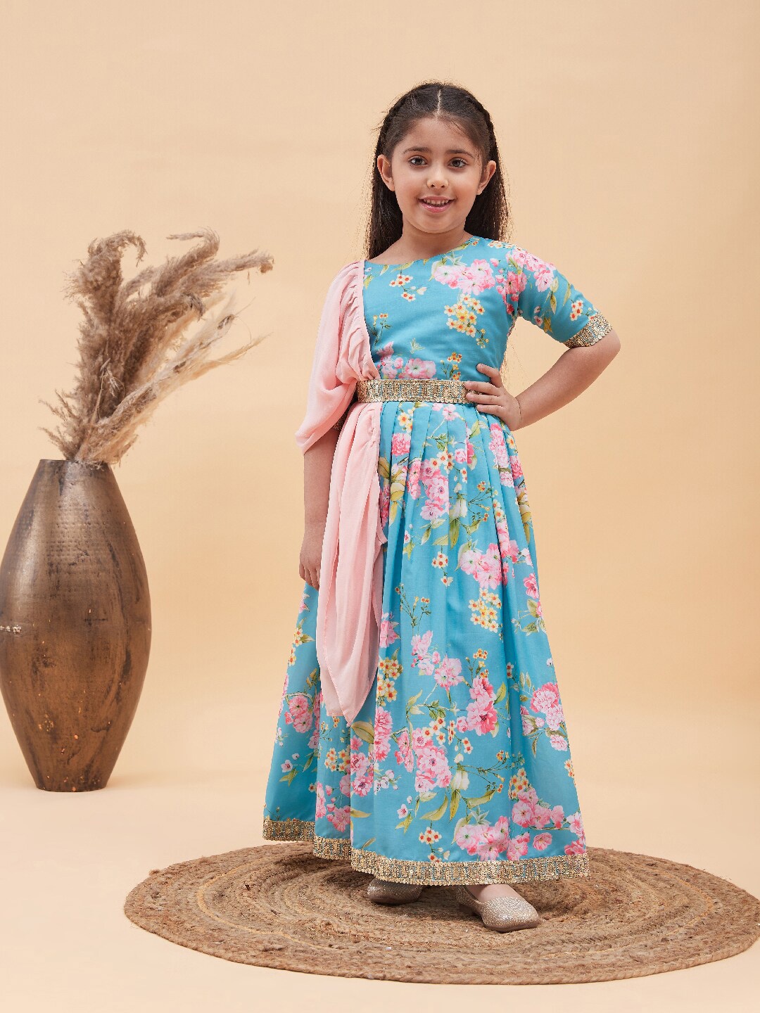 

VASTRAMAY Girls Floral Printed Sequinned Ready to Wear Lehenga & Choli With Dupatta, Blue