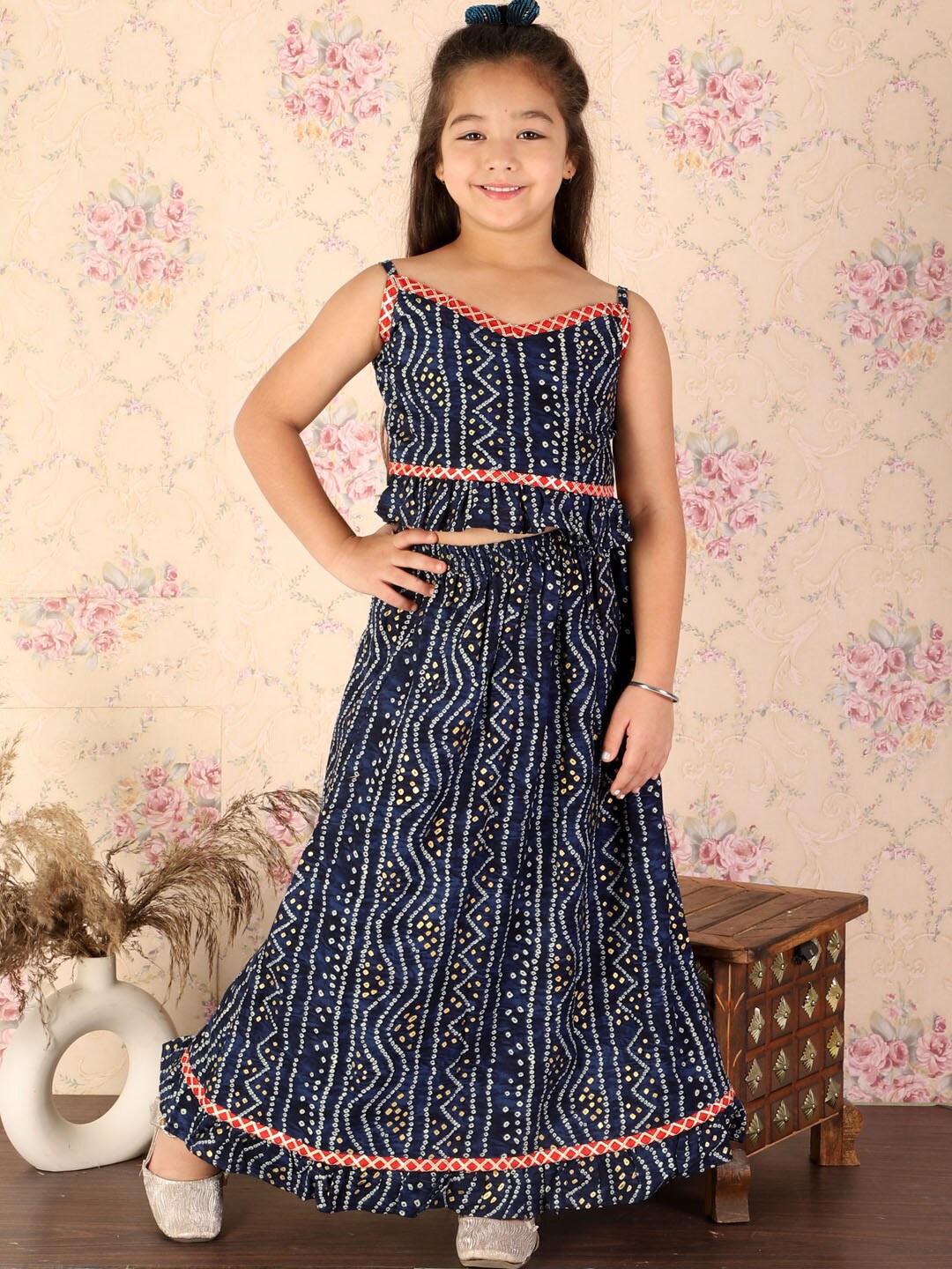 

VASTRAMAY Girls Bandhani Printed Ready to Wear Lehenga Choli Set, Blue