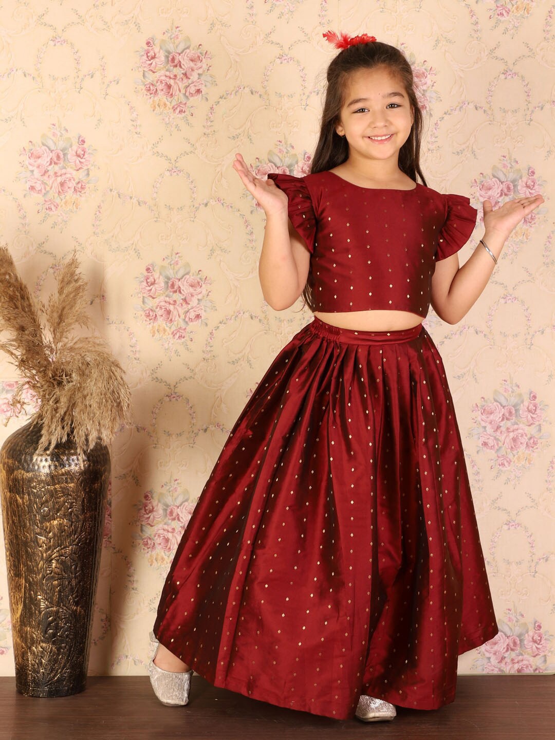 

VASTRAMAY Girls Woven Design Ready to Wear Lehenga Choli Set, Maroon