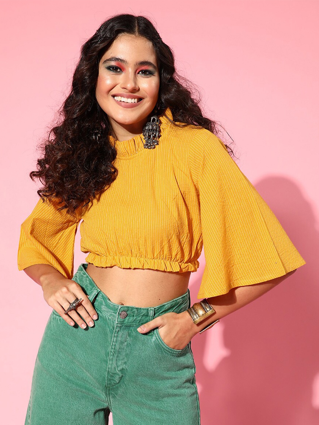 

InWeave Flared Sleeves Ruffled High Neck Crop Top, Mustard
