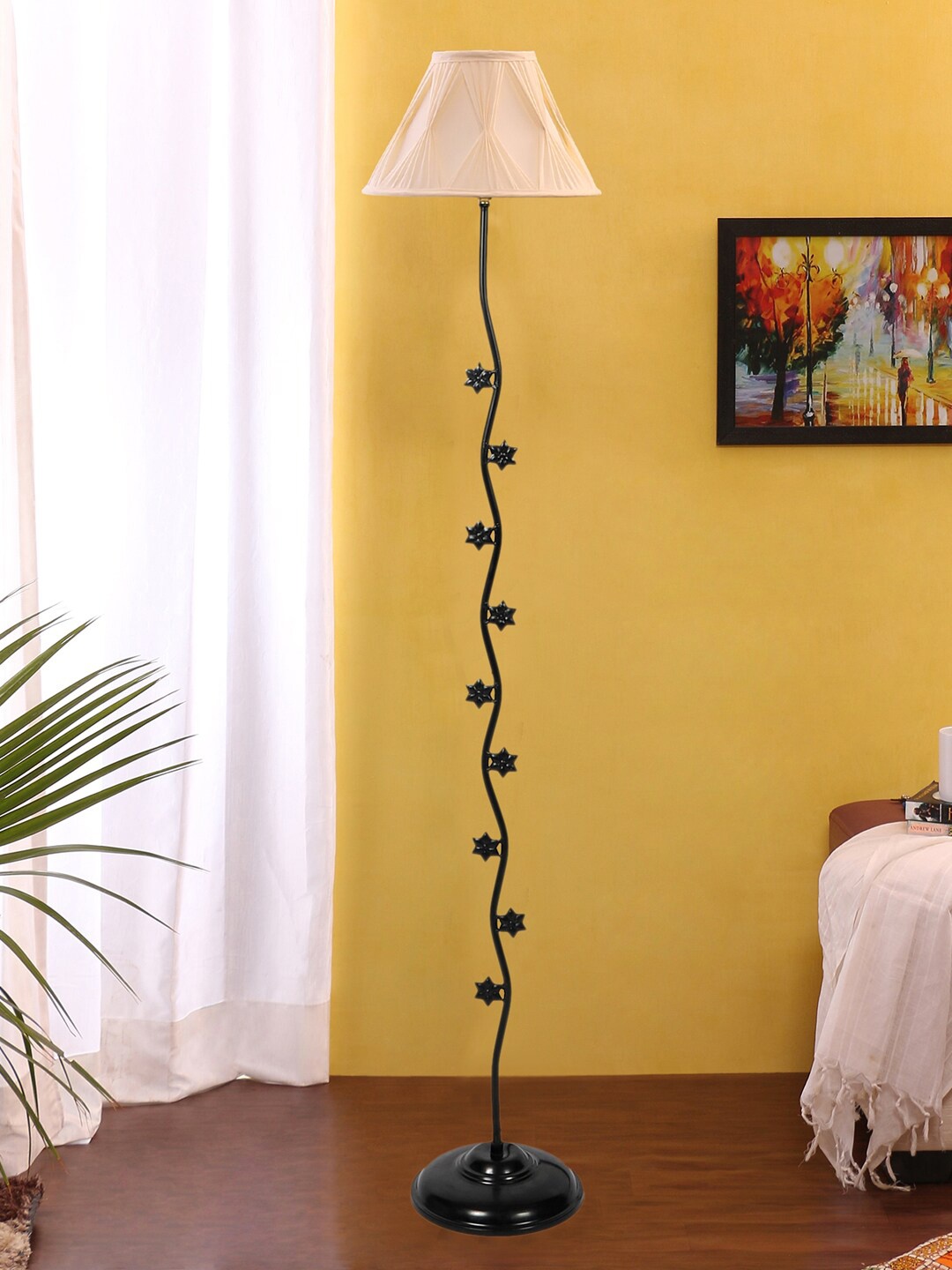 

Devansh Off-White & Black Textured Iron Floor Lamp With Cotton Curtain Shade