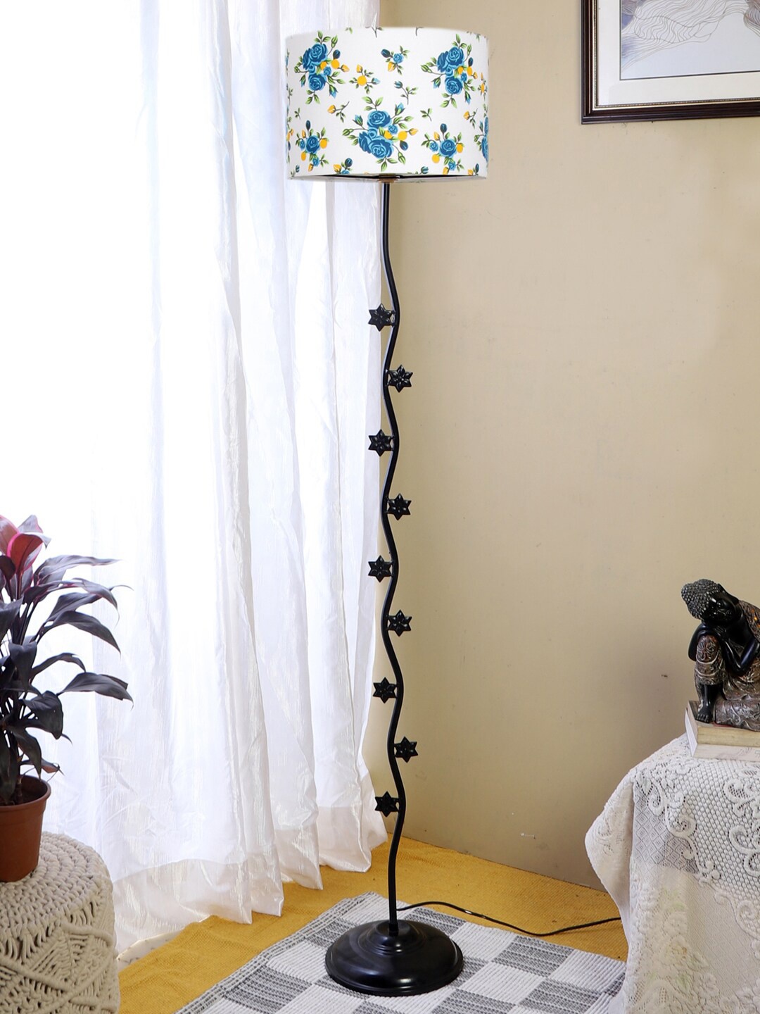 

Devansh White & Black Floral Printed Star Iron Floor Lamp With Cotton Drum Shade