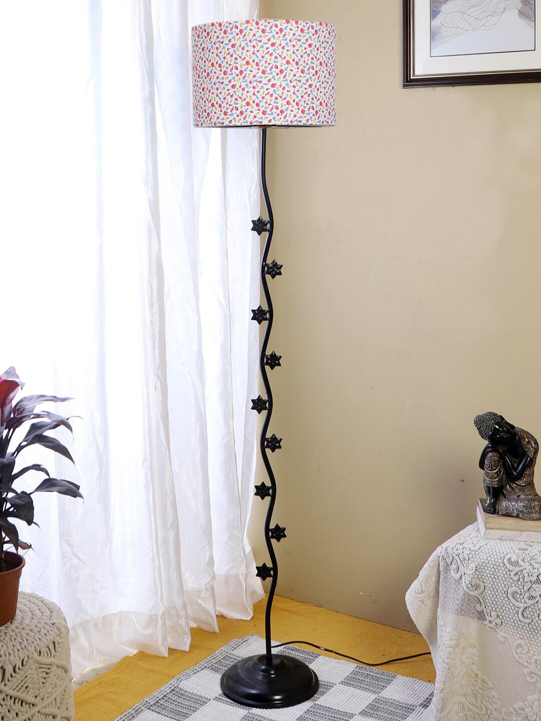 

Devansh White & Black Printed Star Iron Floor Lamp With Cotton Drum Shade