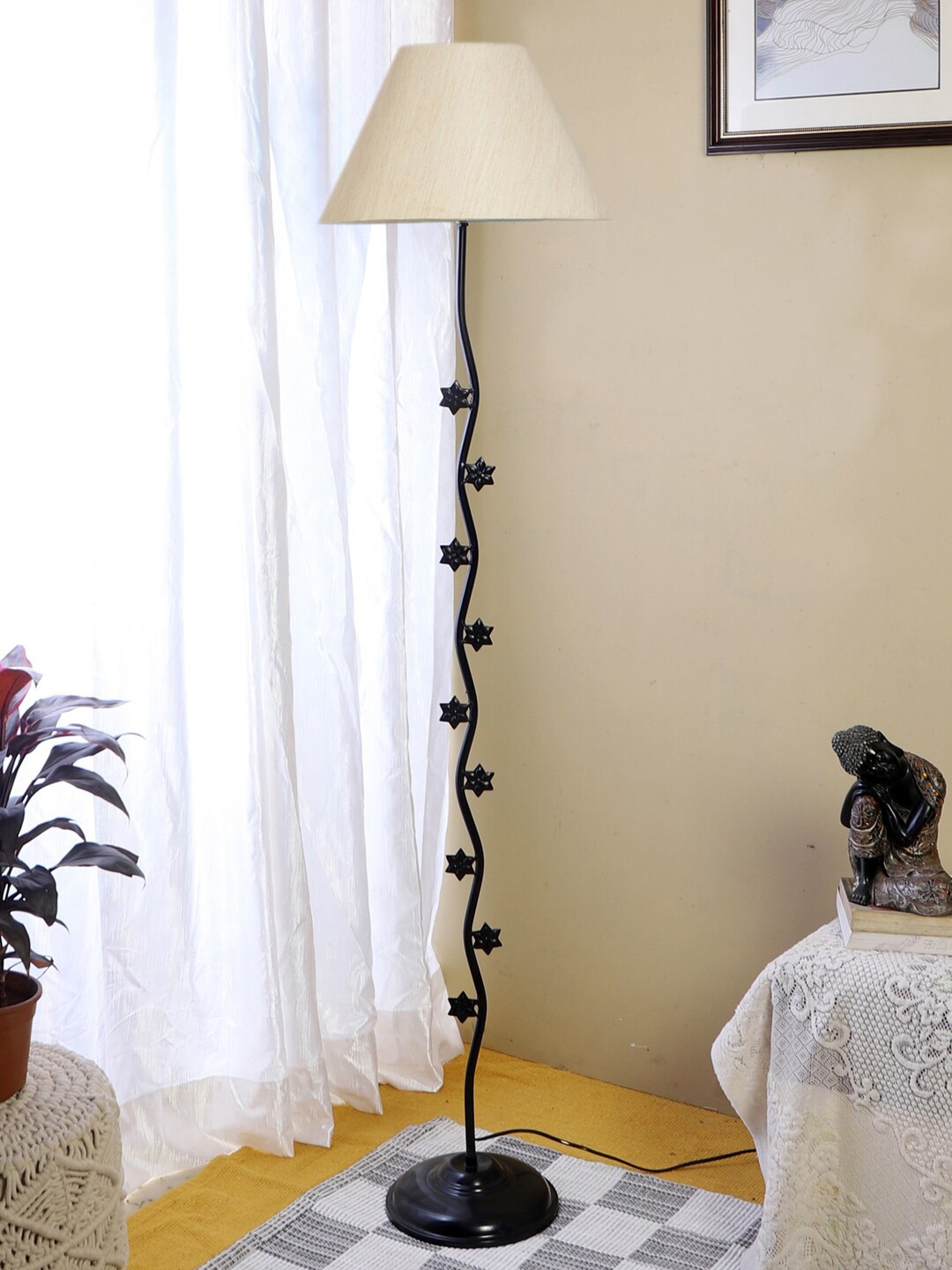 

Devansh Off White & Black Star Iron Floor Lamp With Cotton Conical Shade