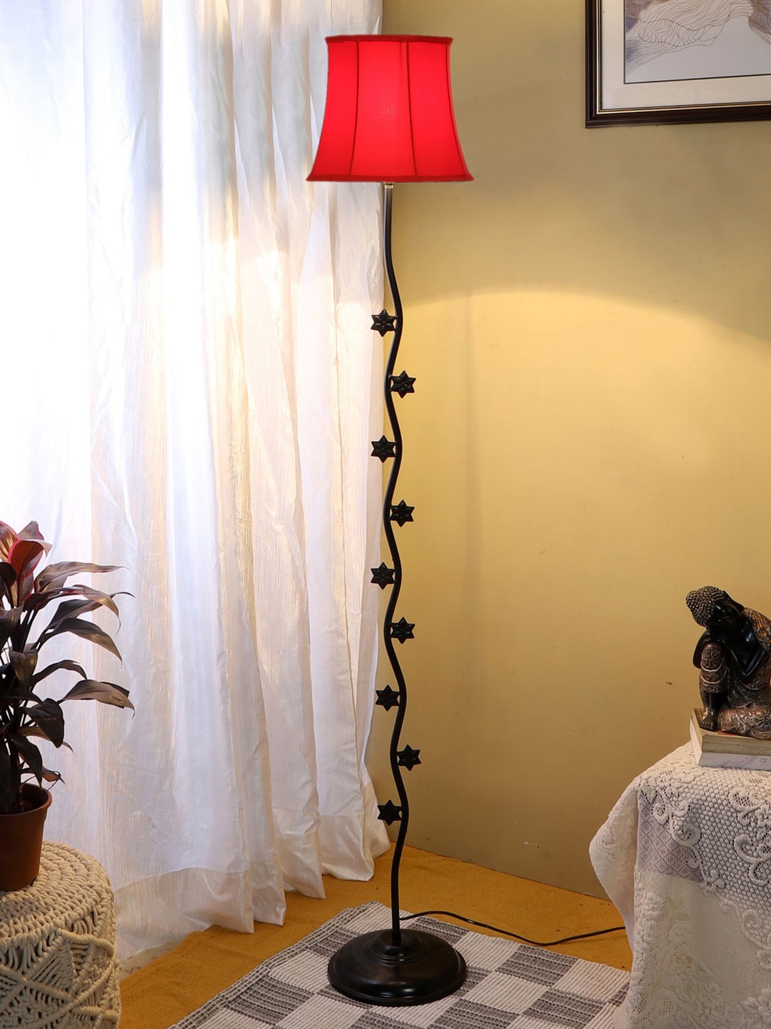 

Devansh Red & Black Textured Star Iron Floor Lamp With Cotton Cylindrical Shade