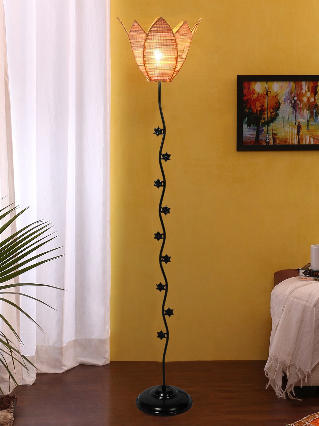 

Devansh Beige-Coloured & Black Zig Zag Star Design Iron Floor Lamp With Lotus Bamboo Shade