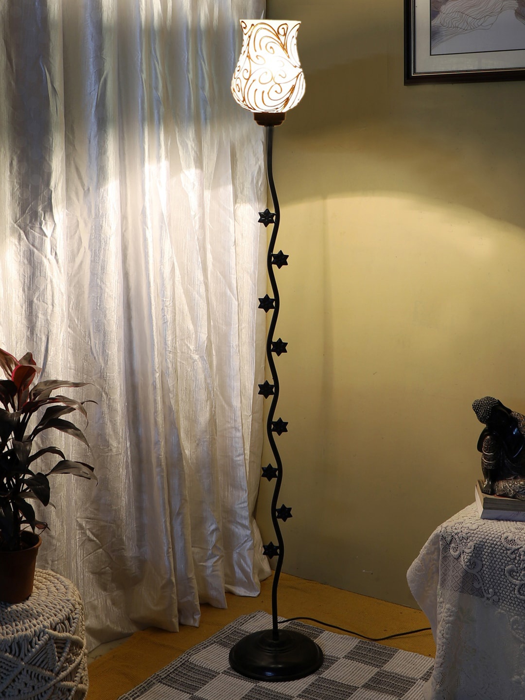 

Devansh Gold-Toned & Black Textured Iron Floor Lamp With Mosiac Glass Shade