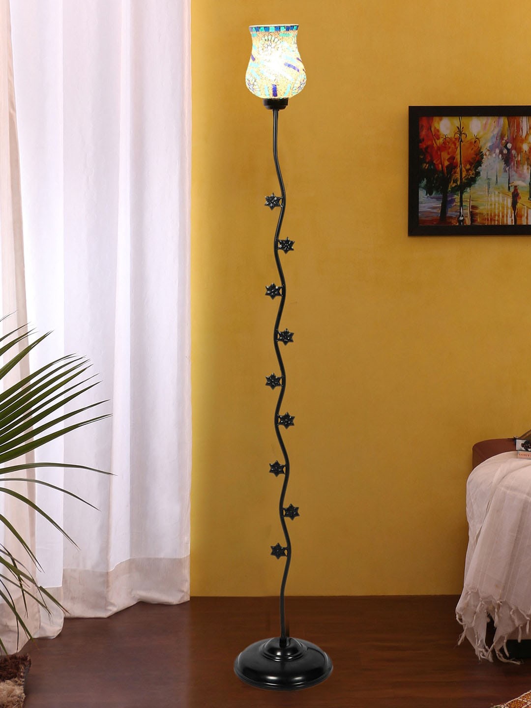 

Devansh White & Black Textured Star Floor Lamp With Mosiac Glass Shade