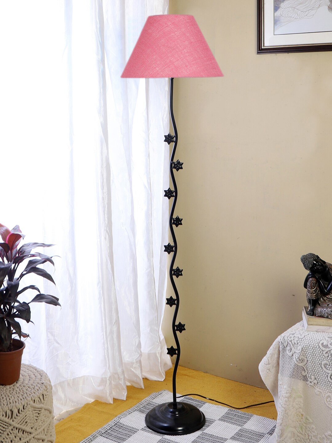 

Devansh Pink & Black Textured Star Iron Floor Lamp With Jute Drum Conical Shade