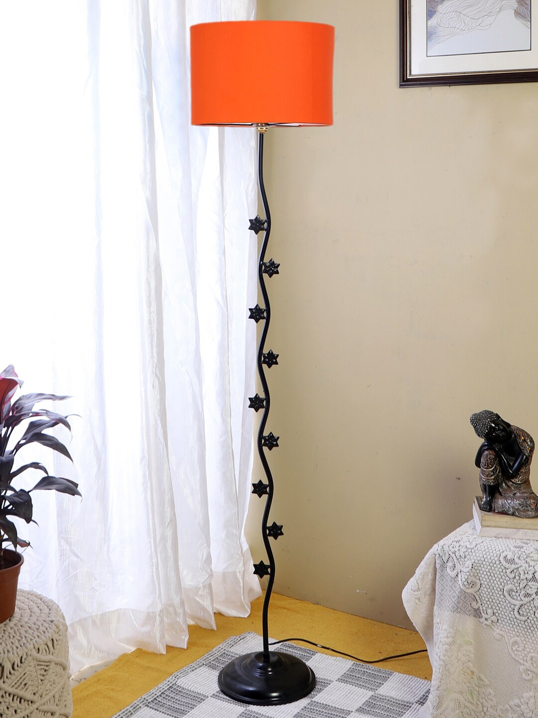 

Devansh Orange-Colored & Black Star Iron Floor Lamp With Cotton Drum Shade
