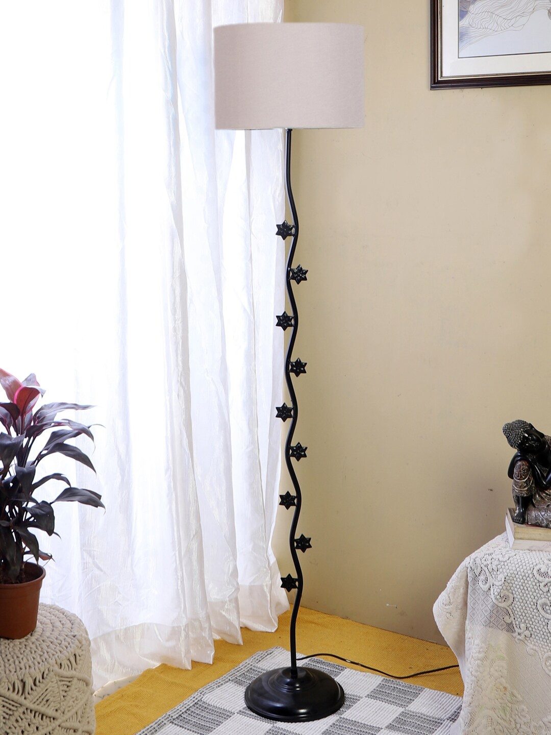 

Devansh Grey & Black Cotton Drum Shade With Star Iron Floor Lamp
