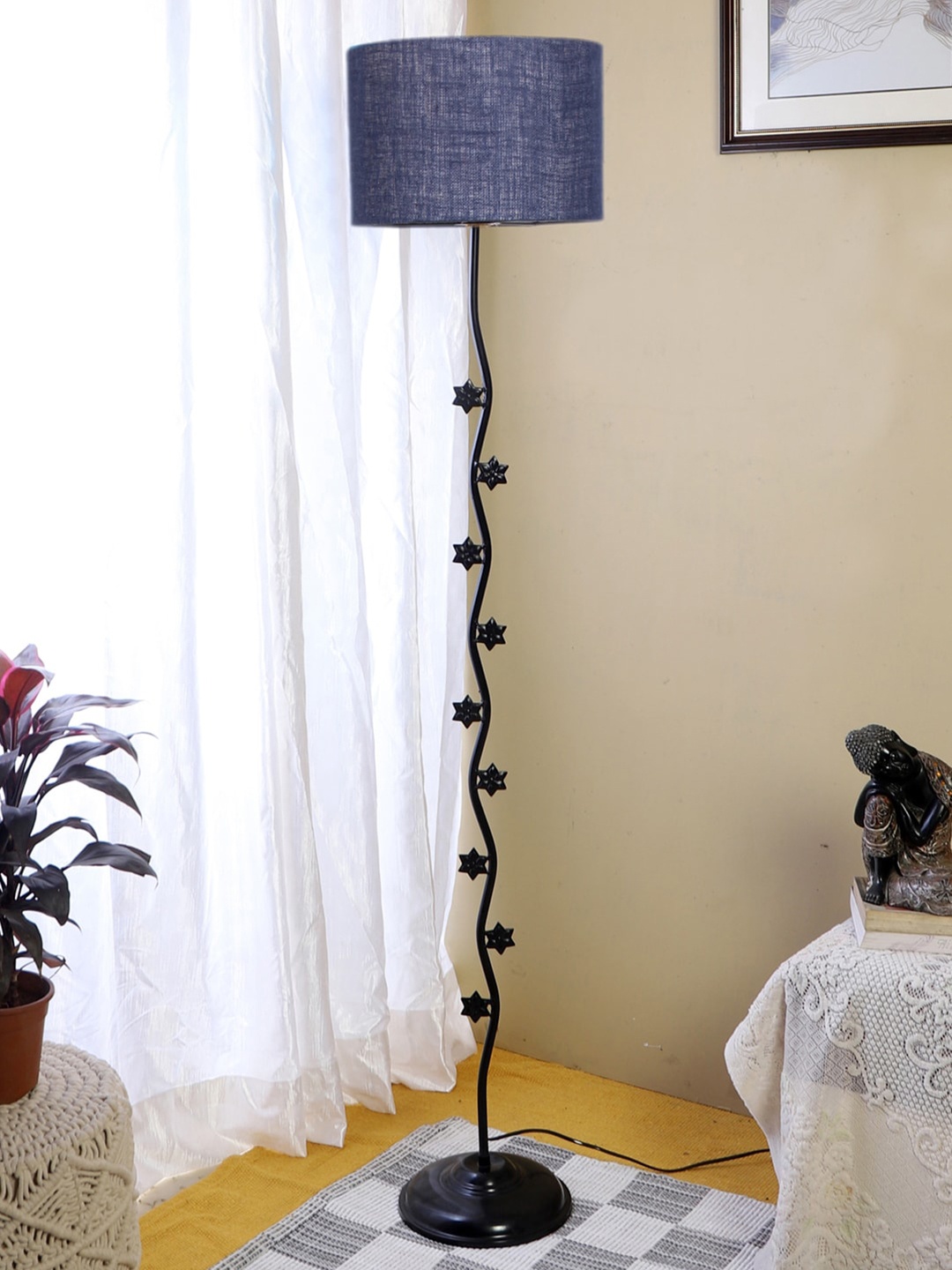 

Devansh Blue & Black Textured Jute Drum Star Floor Lamp With Shade