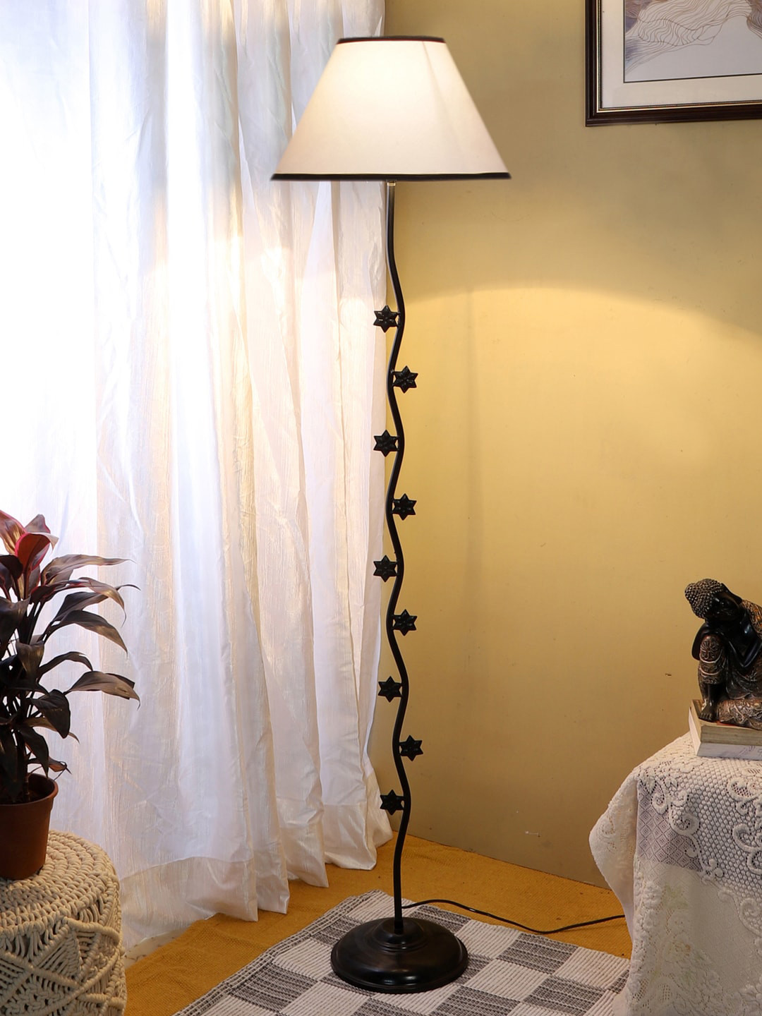 

Devansh White & Black Zig Zag Star Design Iron Floor Lamp With Conical Shade