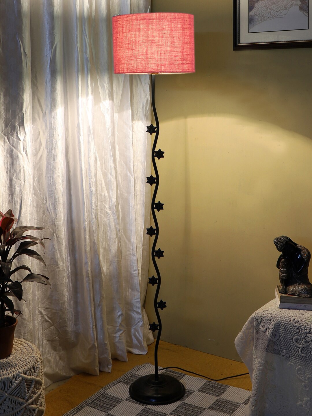 

Devansh Pink & Black Textured Star Iron Floor Lamp With Cotton Drum Shade