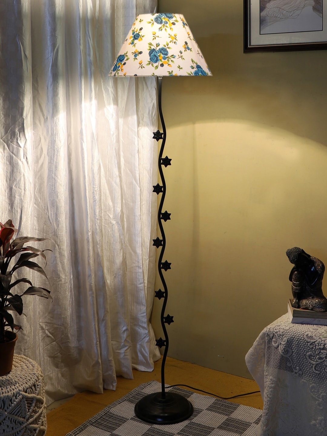

Devansh White & Black Printed Star Iron Floor Lamp With Cotton Conical Shade