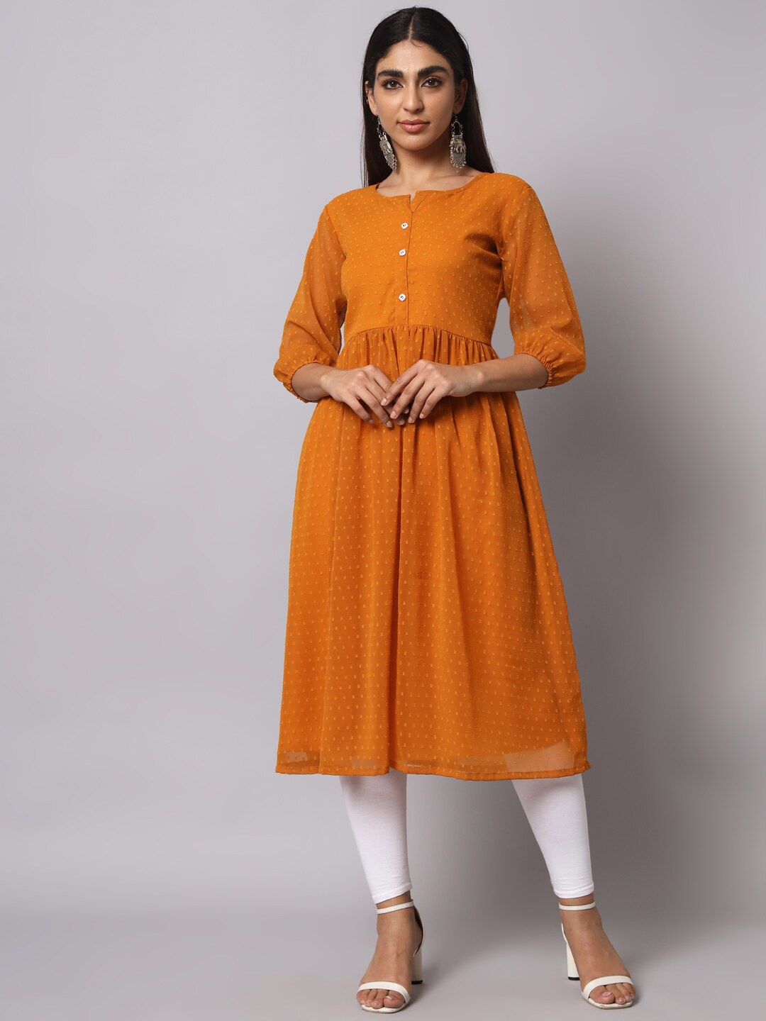 

VAIRAGEE Self Design Pleated A-Line Georgette Kurta, Orange