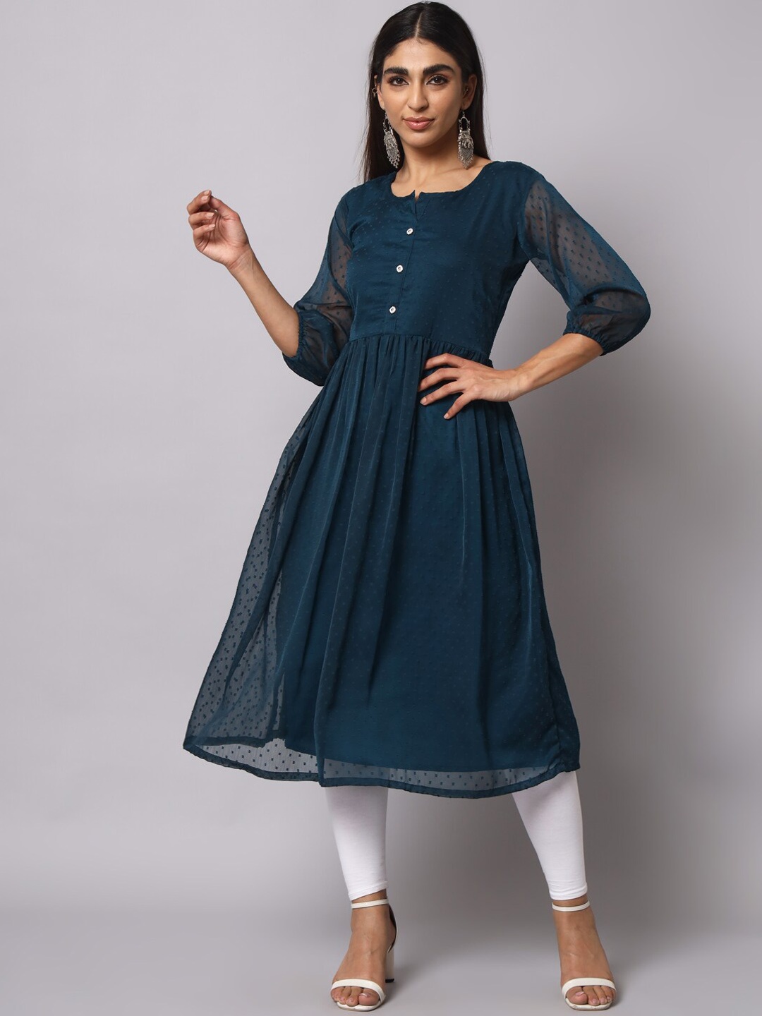 

VAIRAGEE Woven Design Puff Sleeves Georgette Anarkali Kurta, Teal