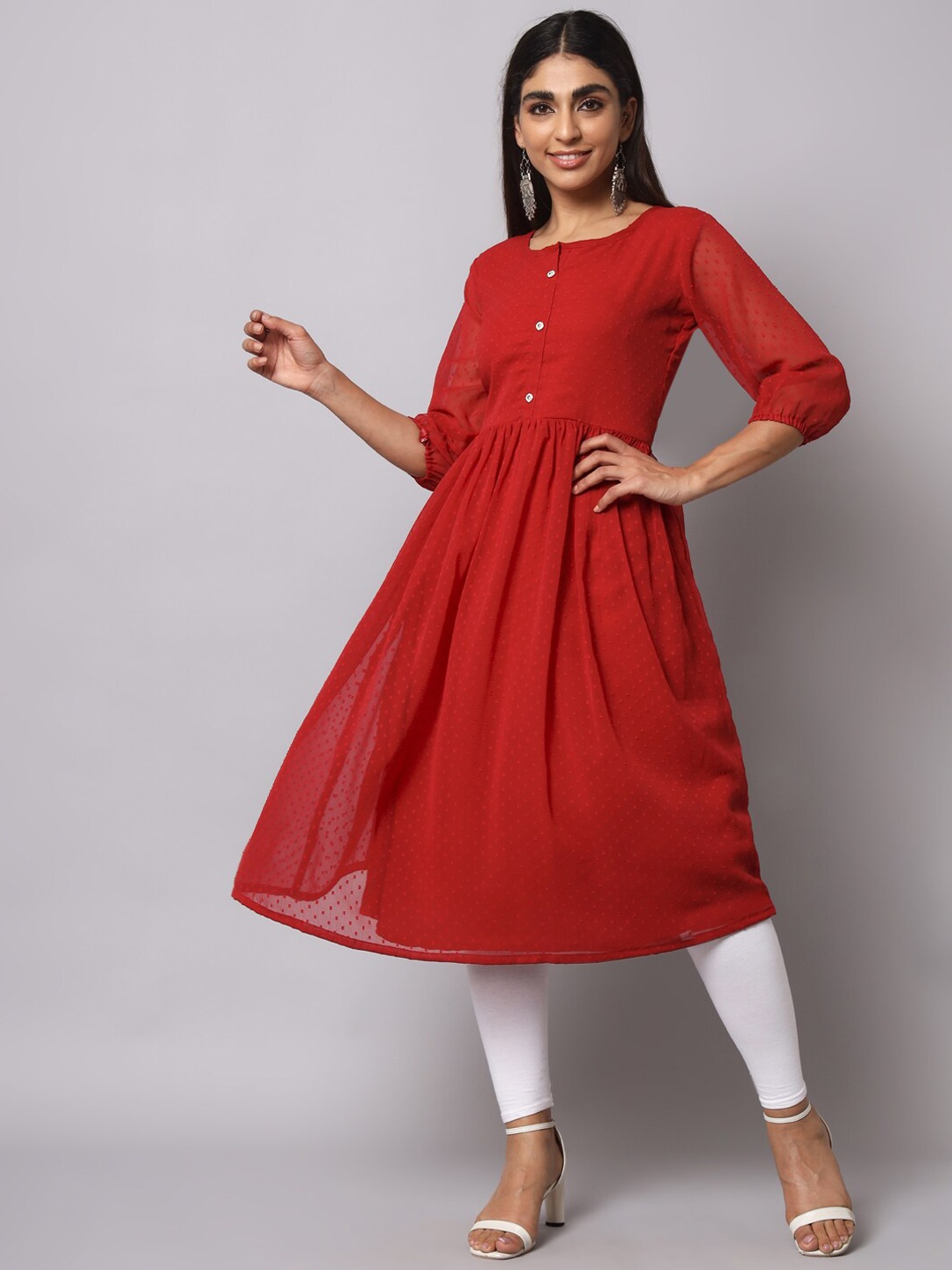 

VAIRAGEE Woven Design Puff Sleeves Georgette Anarkali Kurta, Red