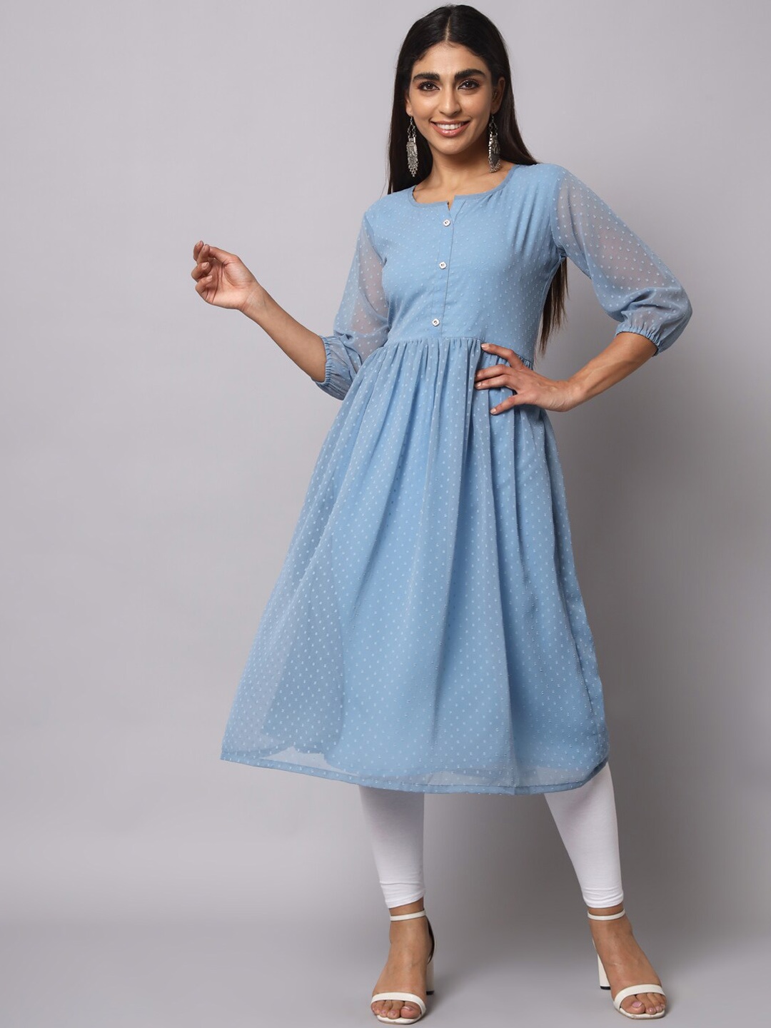 VAIRAGEE Woven Design Notch Neck Georgette Anarkali Kurta, Blue