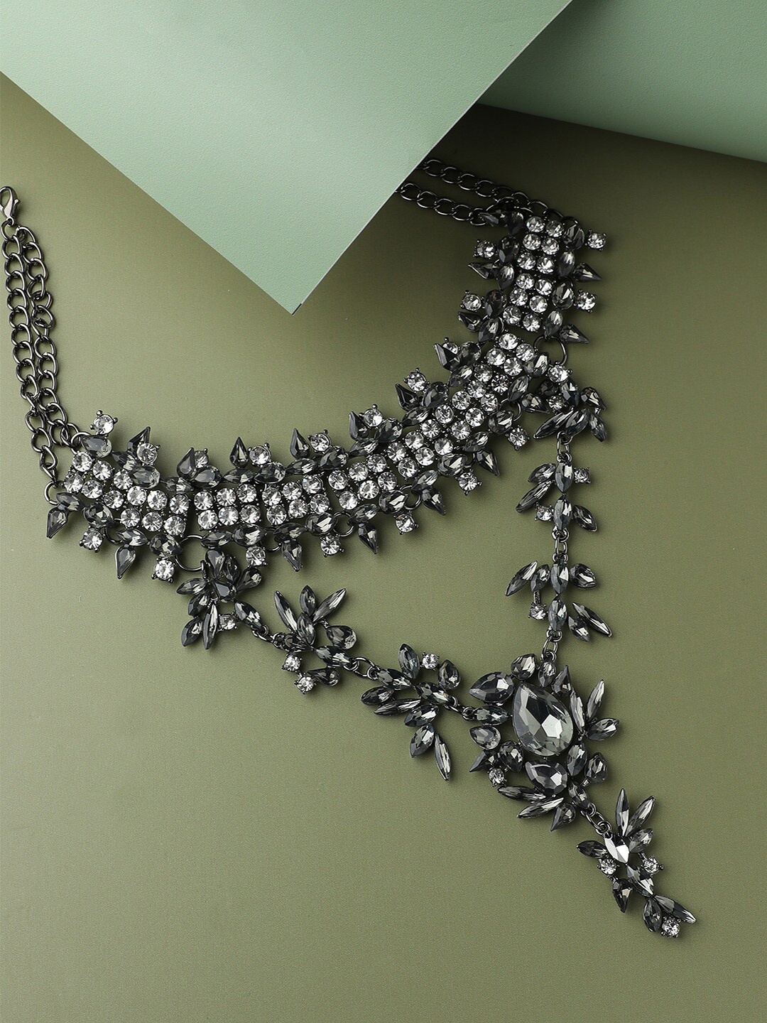 

SOHI Silver-Plated Party Designer Stone Statement Necklace, Grey