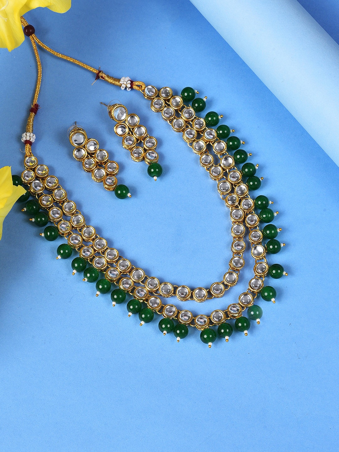 

SOHI Gold-Plated Stone-Studded & Beaded Layered Necklace & Earrings Set