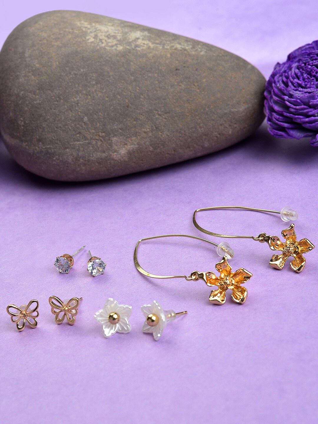 

SOHI Set of 4 Gold-Plated Studs & Half Hoop Earrings, White