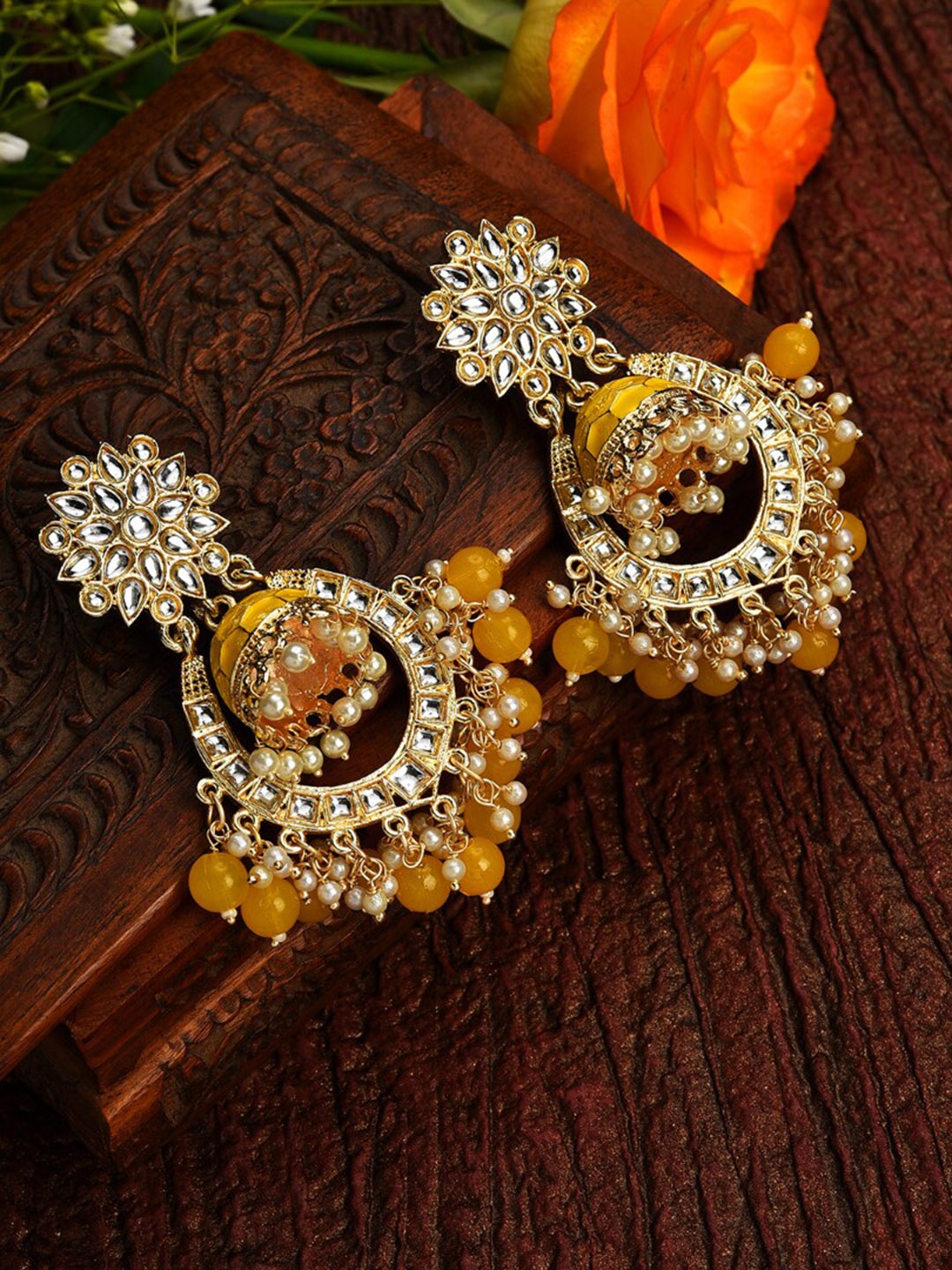 

SOHI Gold Plated Contemporary Stone Studded Chandbalis Earrings, Yellow