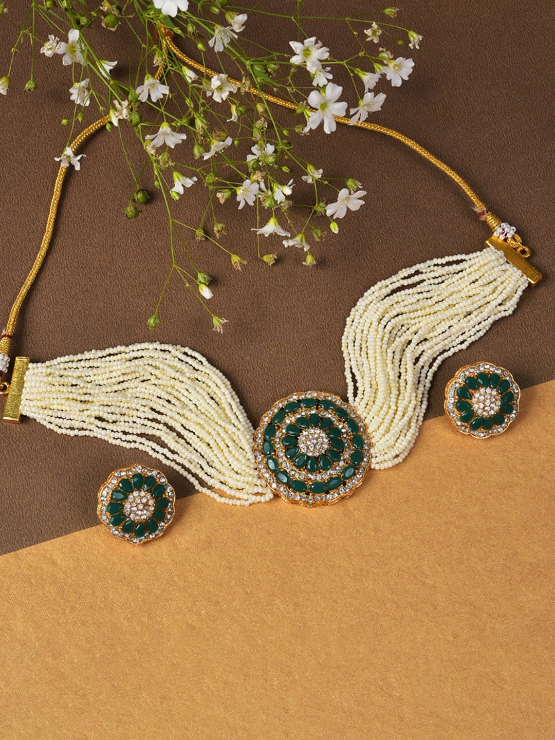 

SOHI Gold-Plated Stone Studded & Beaded Necklace & Earrings Set