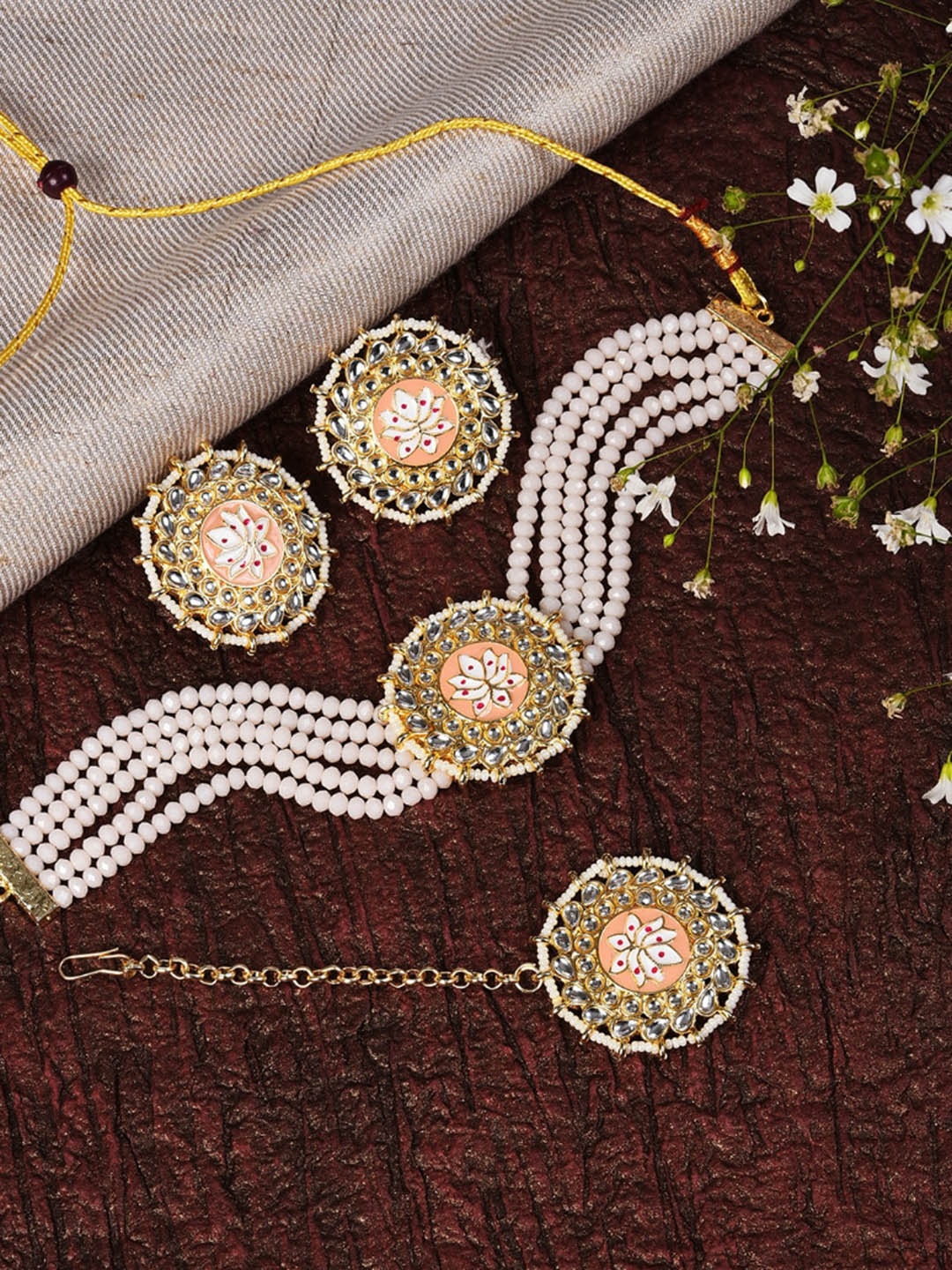 

SOHI Gold-Plated Stone Studded & Beaded Necklace & Earrings Set