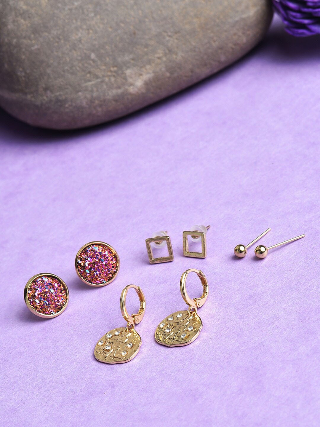 

SOHI Set Of 4 Gold-Plated Studs & Hoop Earrings, Pink