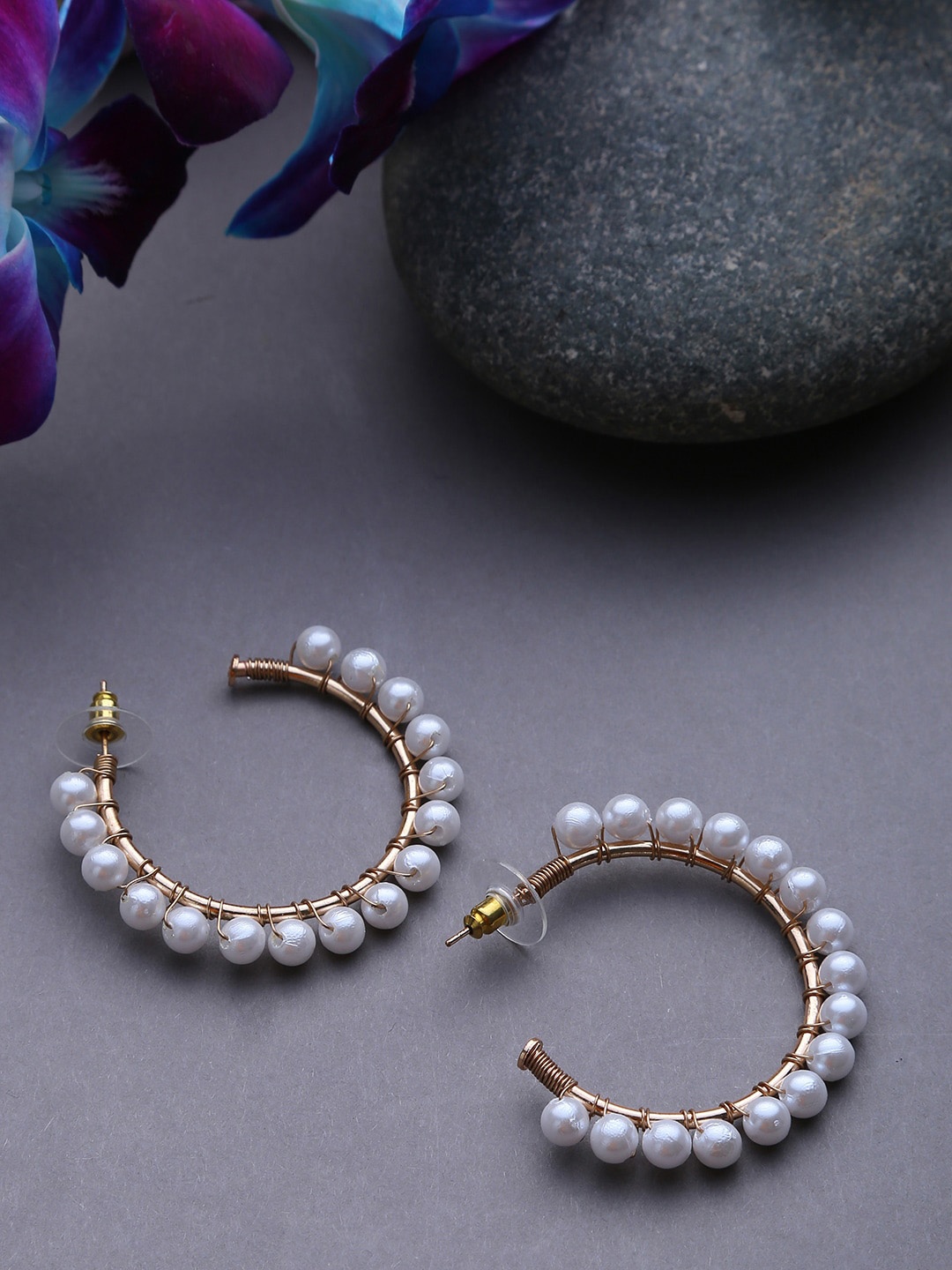 

SOHI Gold-Plated Contemporary Pearl Beaded Half Hoop Earrings
