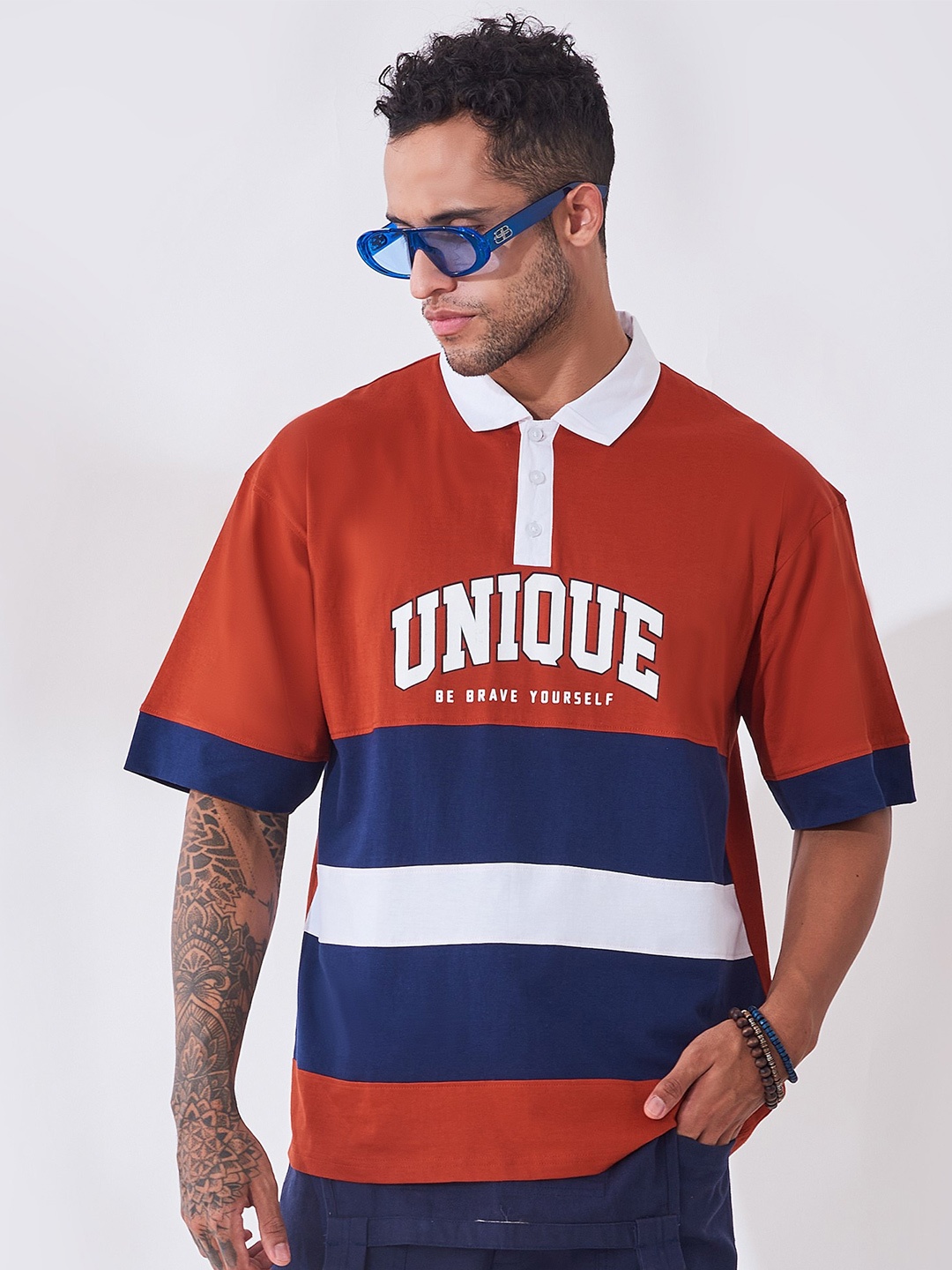 

Maniac Striped Polo Collar Cotton Boxy Fit T-shirt, Red
