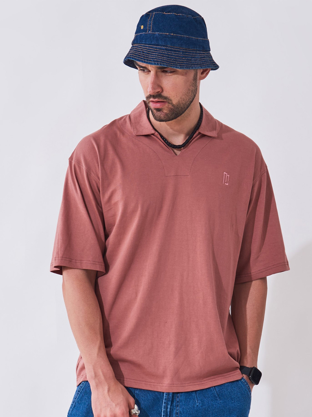 

Maniac Polo Collar Drop Shoulder Sleeve Cotton Fit T-shirt, Pink