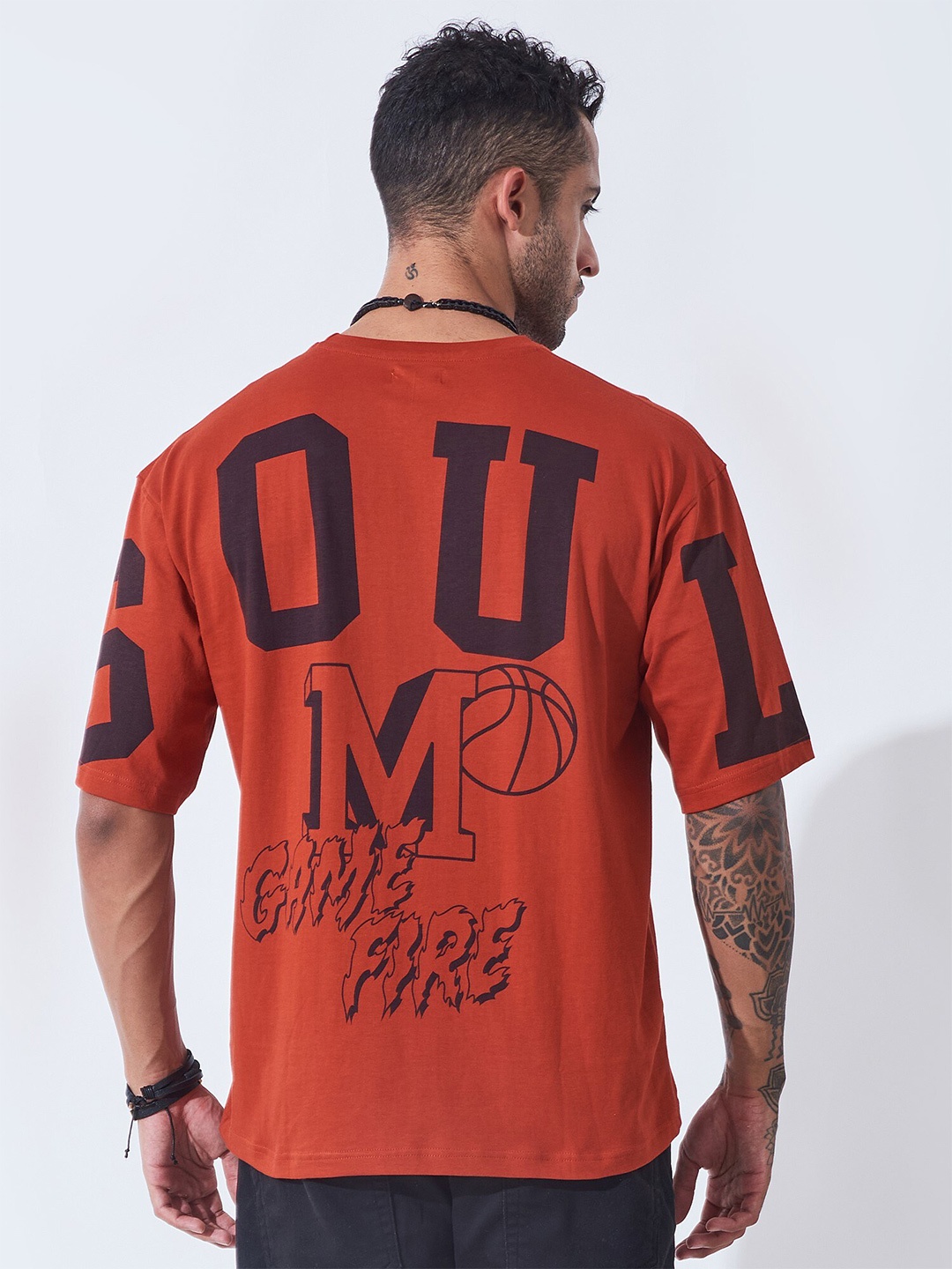 

Maniac Typography Printed Drop Shoulder Sleeve Cotton T-shirt, Rust