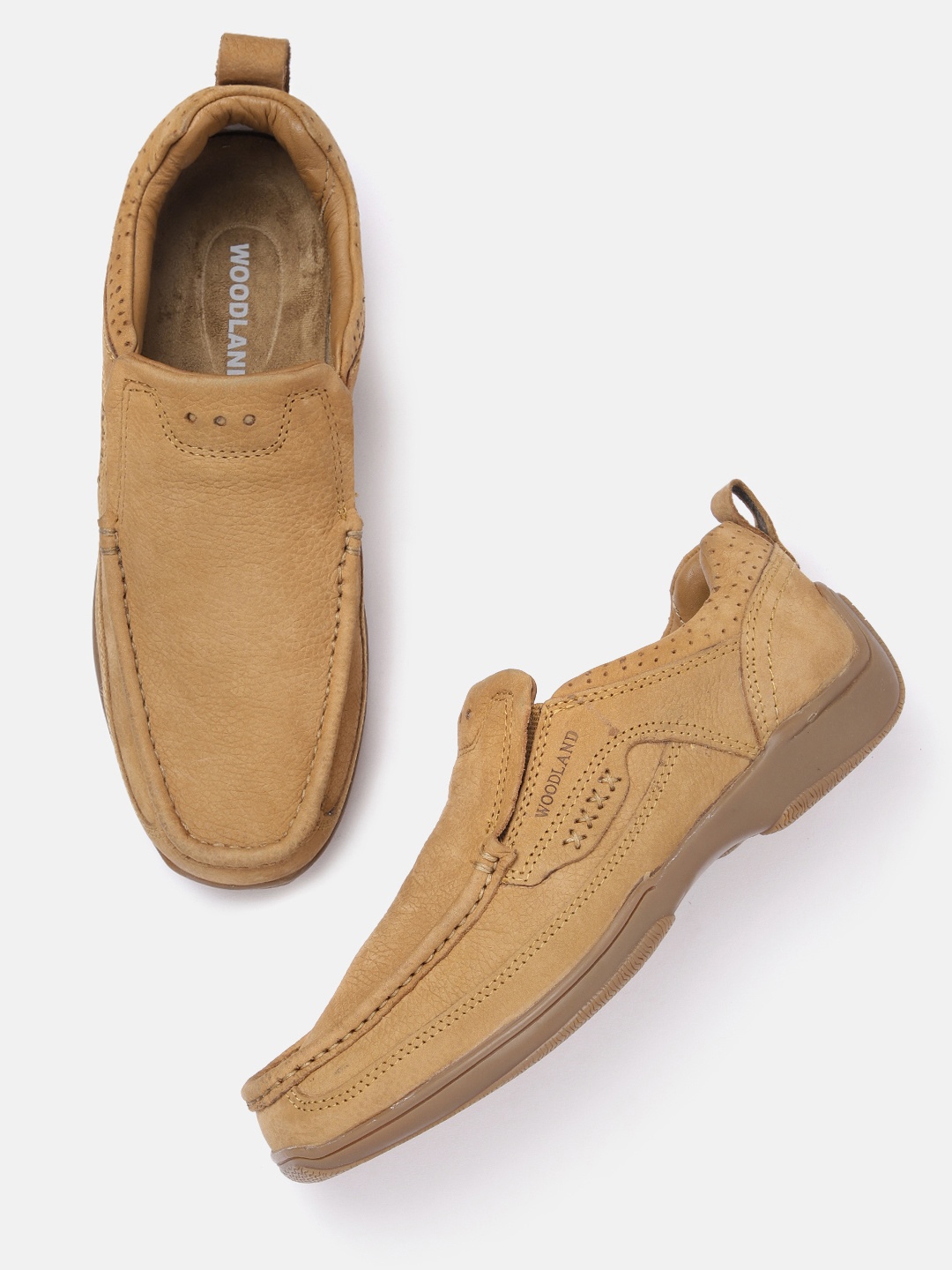 

Woodland Men Round-Toe Leather Slip-On Sneakers, Camel brown