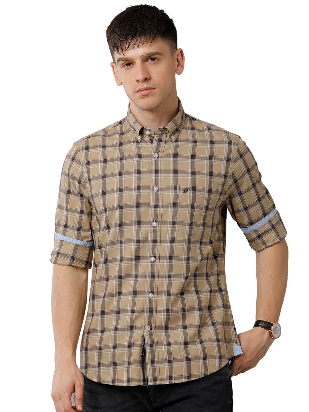 

Double Two Checks Cotton Casual Shirt, Beige