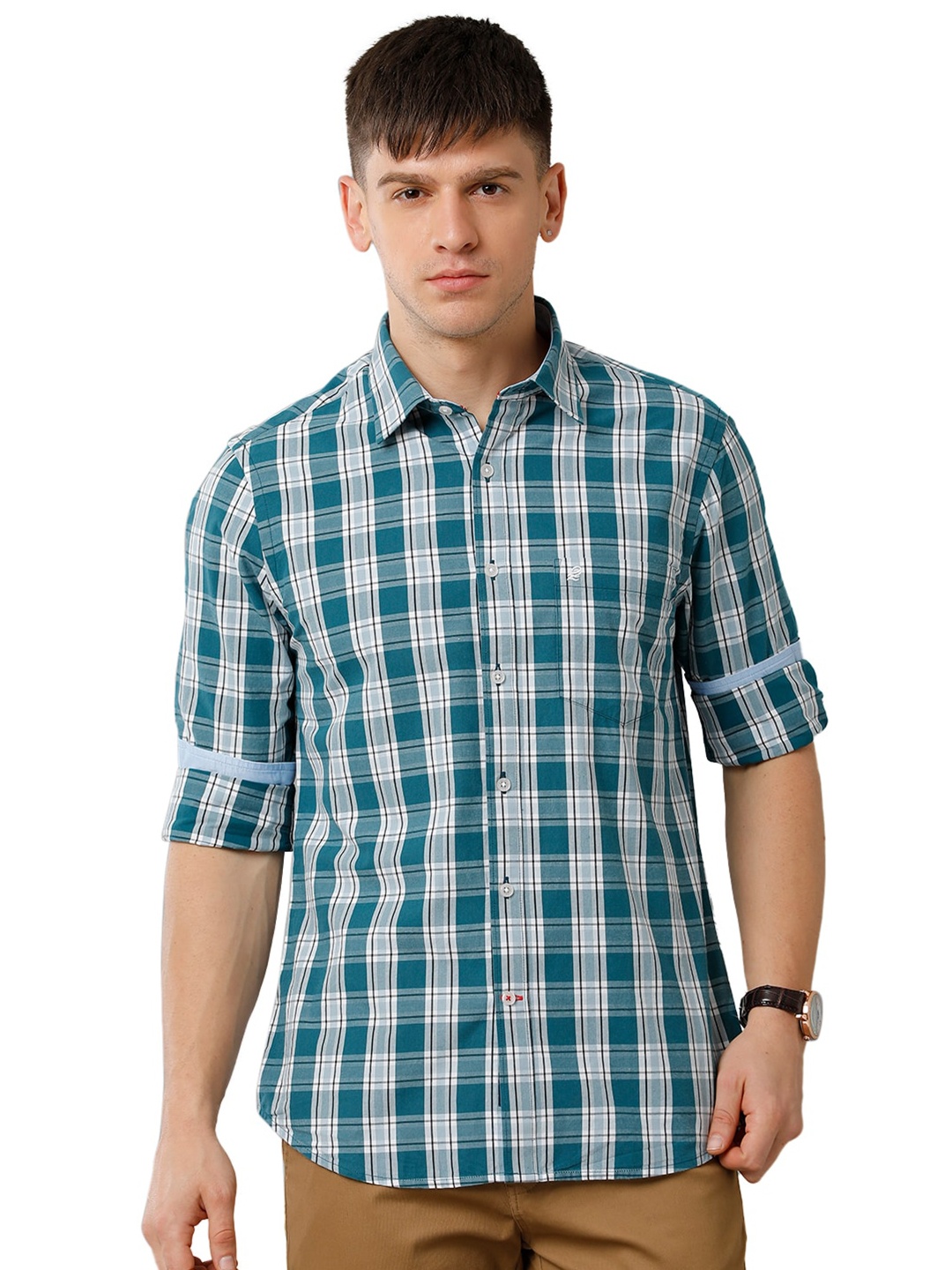 

Double Two Spread Collar Slim Fit Checked Cotton Casual Shirt, Turquoise blue