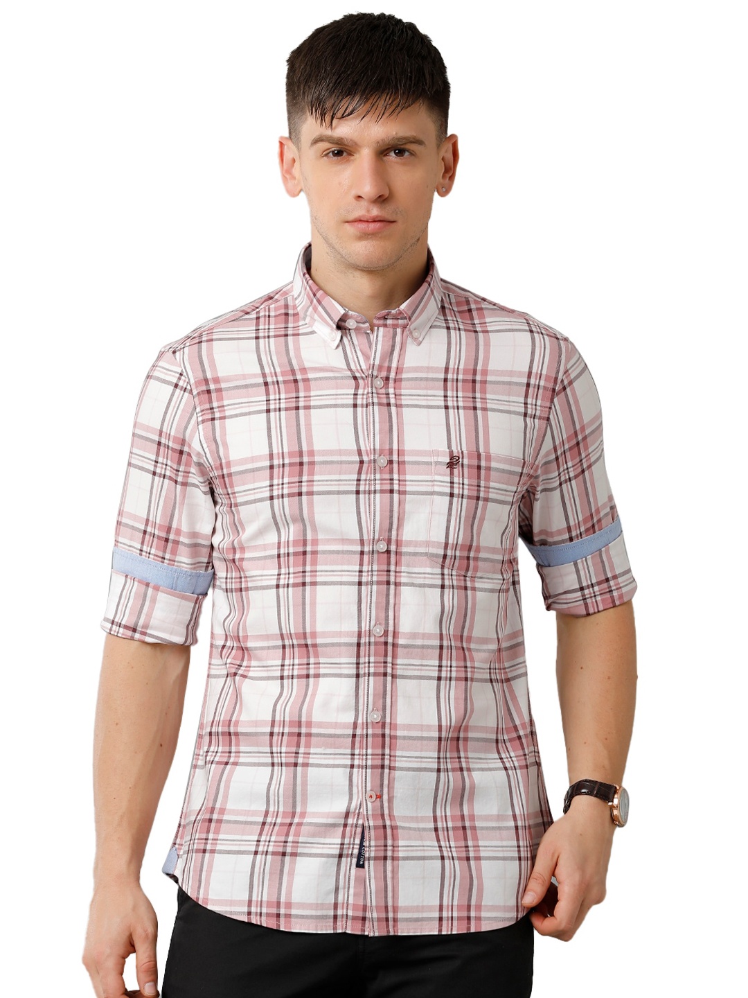 

Double Two Spread Collar Slim Fit Checked Cotton Casual Shirt, Off white