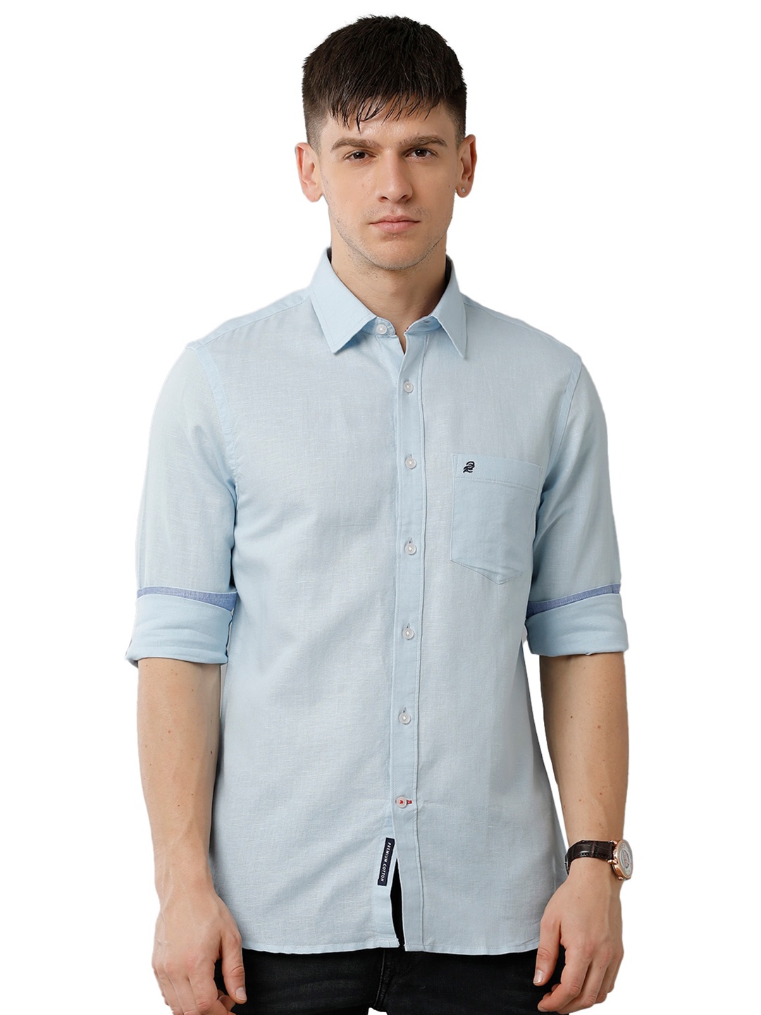 

Double Two Spread Collar Slim Fit Cotton Casual Shirt, Blue