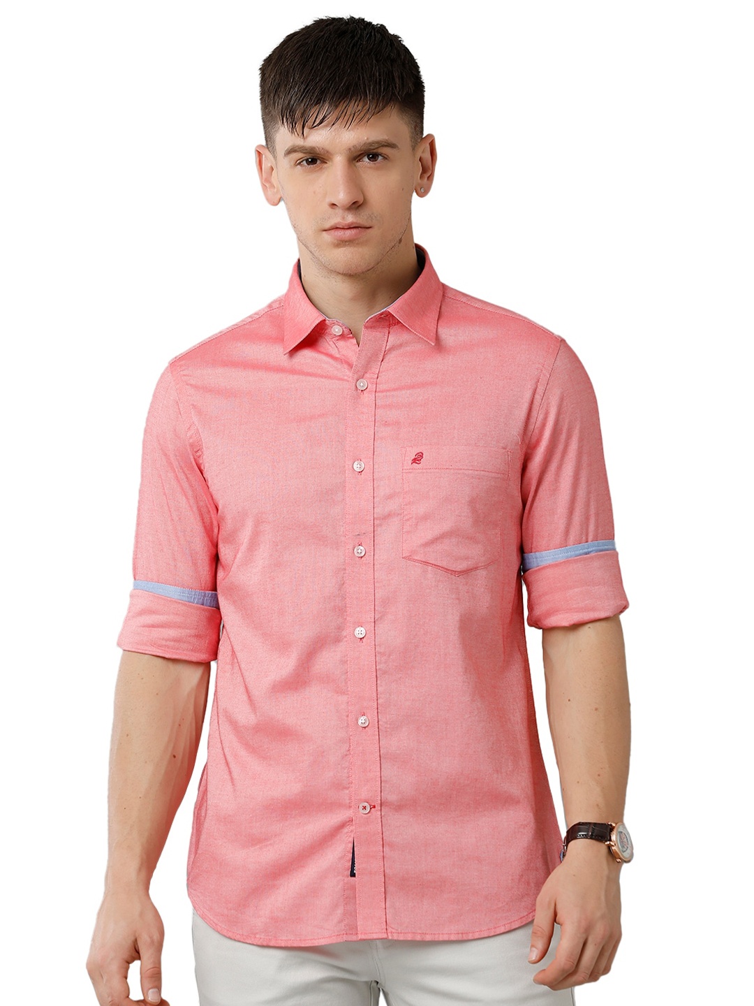 

Double Two Spread Collar Slim Fit Cotton Casual Shirt, Peach