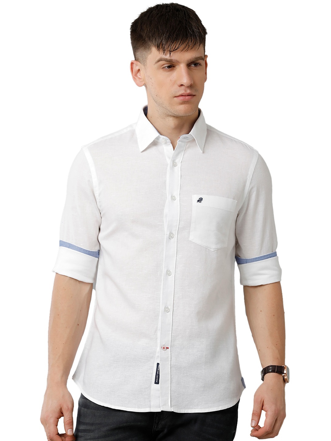 

Double Two Spread Collar Cotton Casual Shirt, White