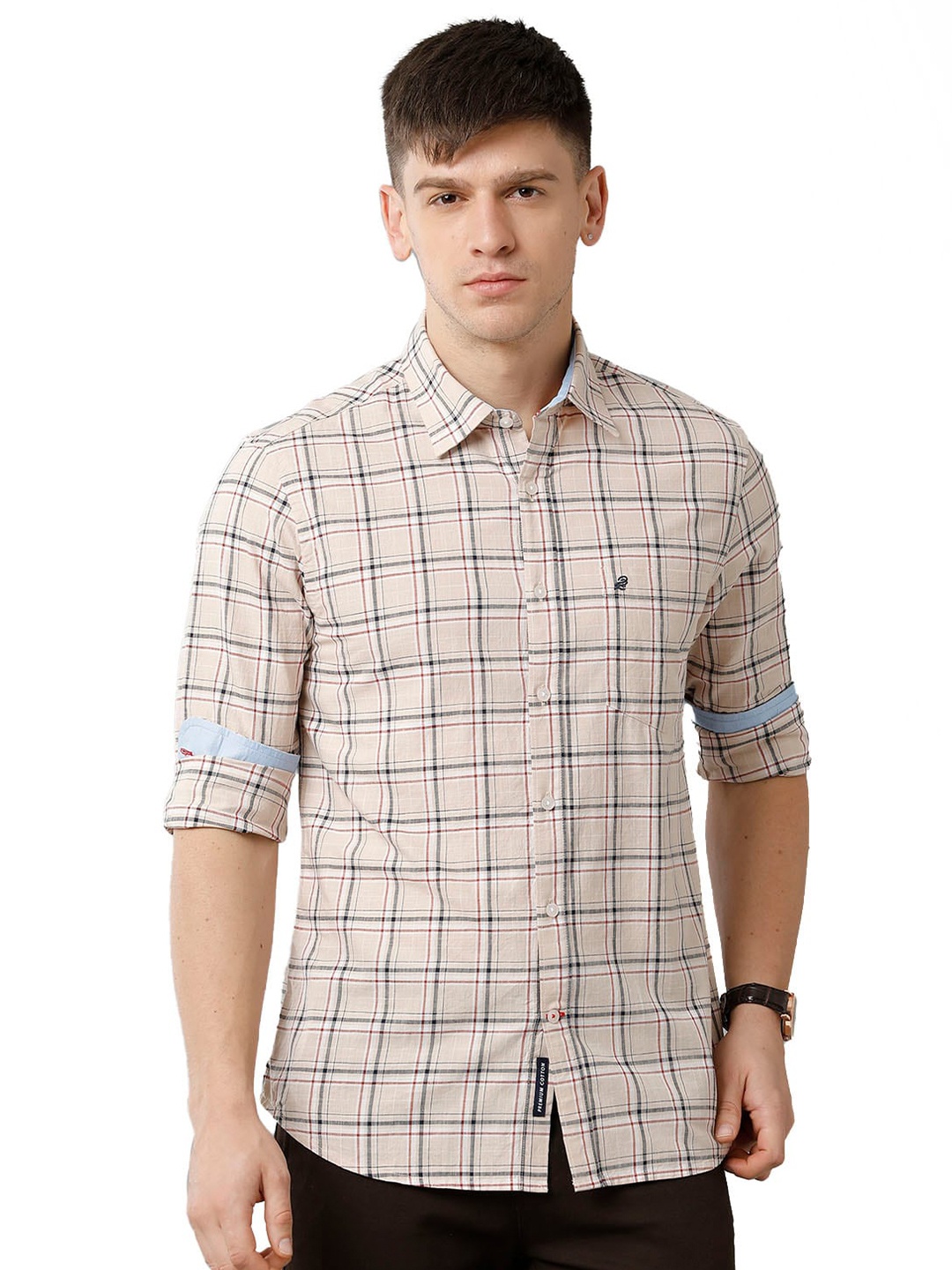

Double Two Spread Collar Slim Fit Windowpane Checked Cotton Casual Shirt, Beige