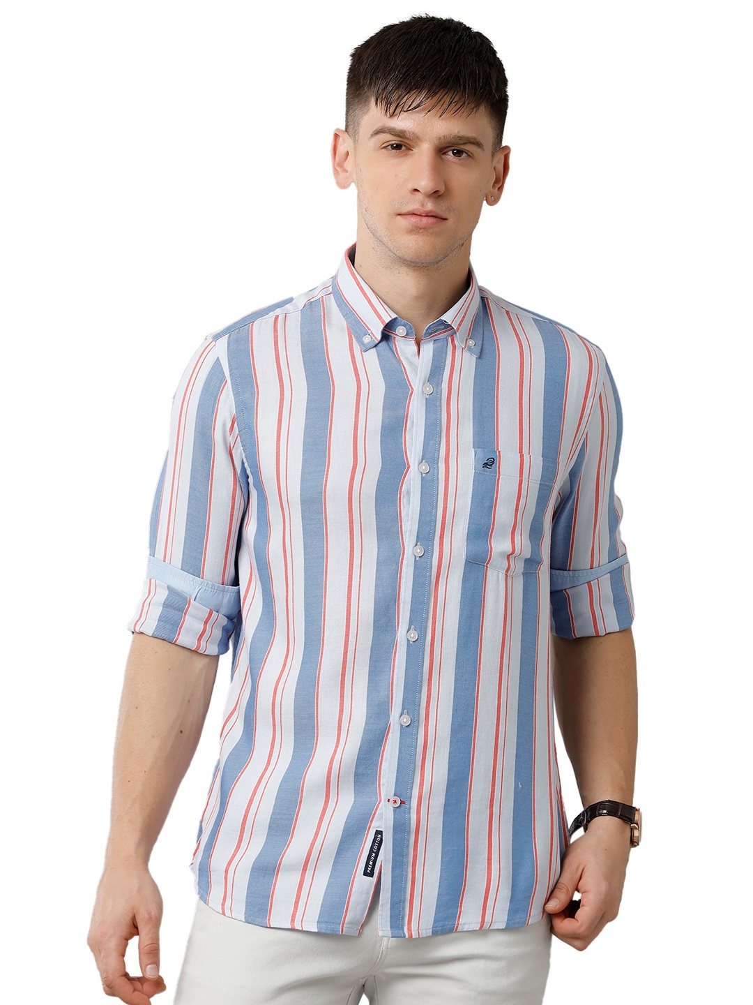 

Double Two Spread Collar Slim Fit Striped Cotton Casual Shirt, Blue